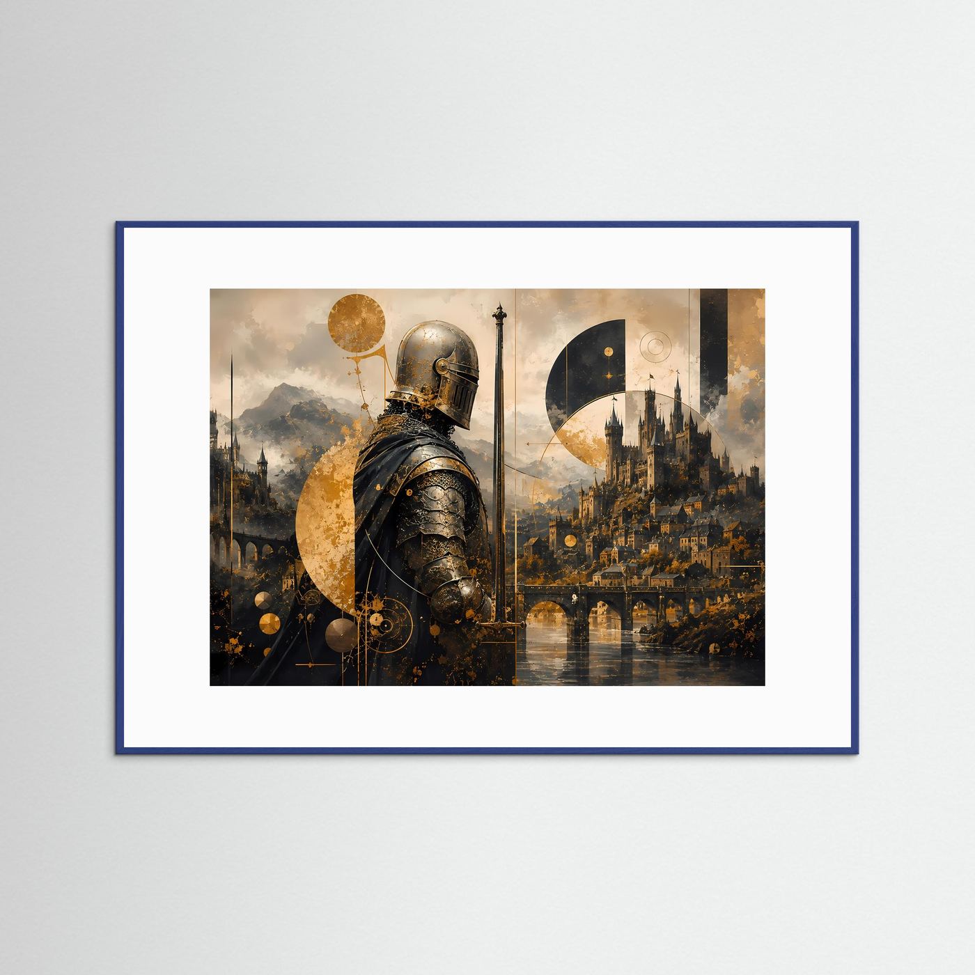 Mittelalterlicher Ritter vor Burg | Mystische Schwarz-Gold Kunst