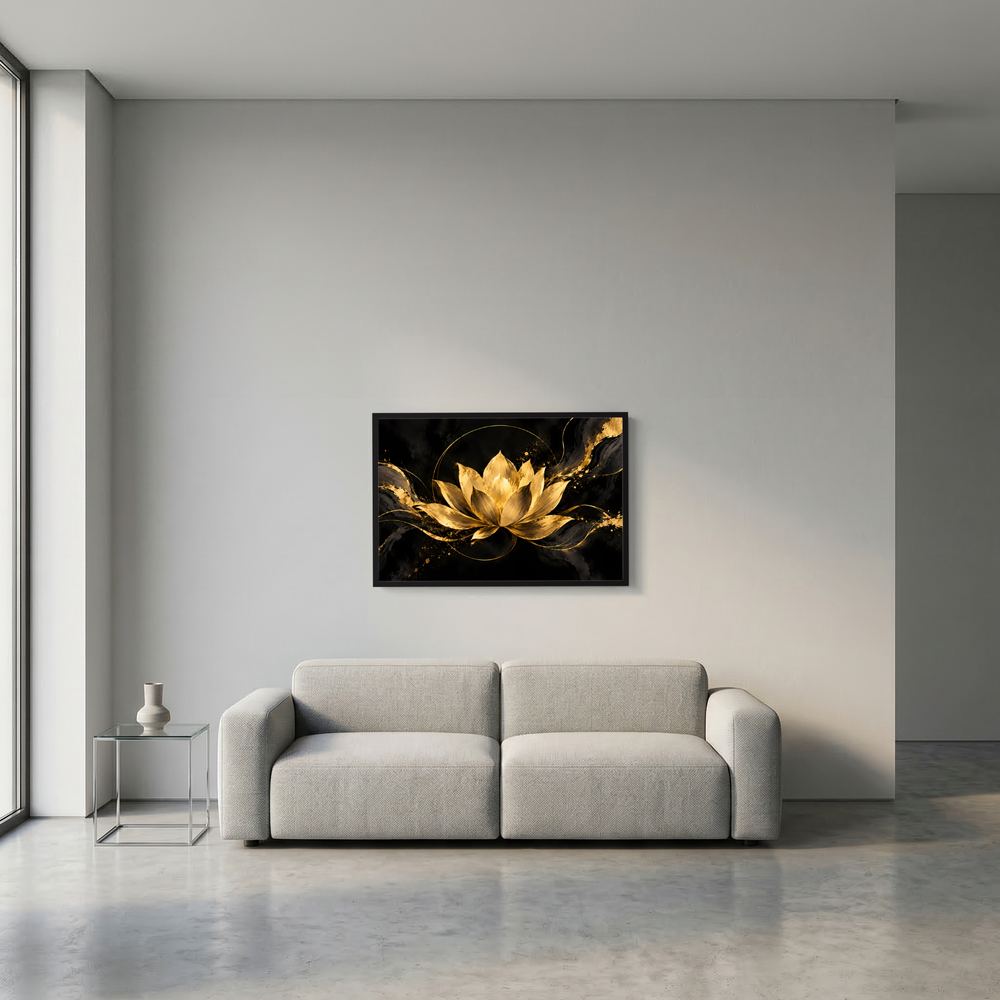 Wandposter mit goldener Lotusblüte auf dunklem Hintergrund, kleiner schwarzer Rahmen