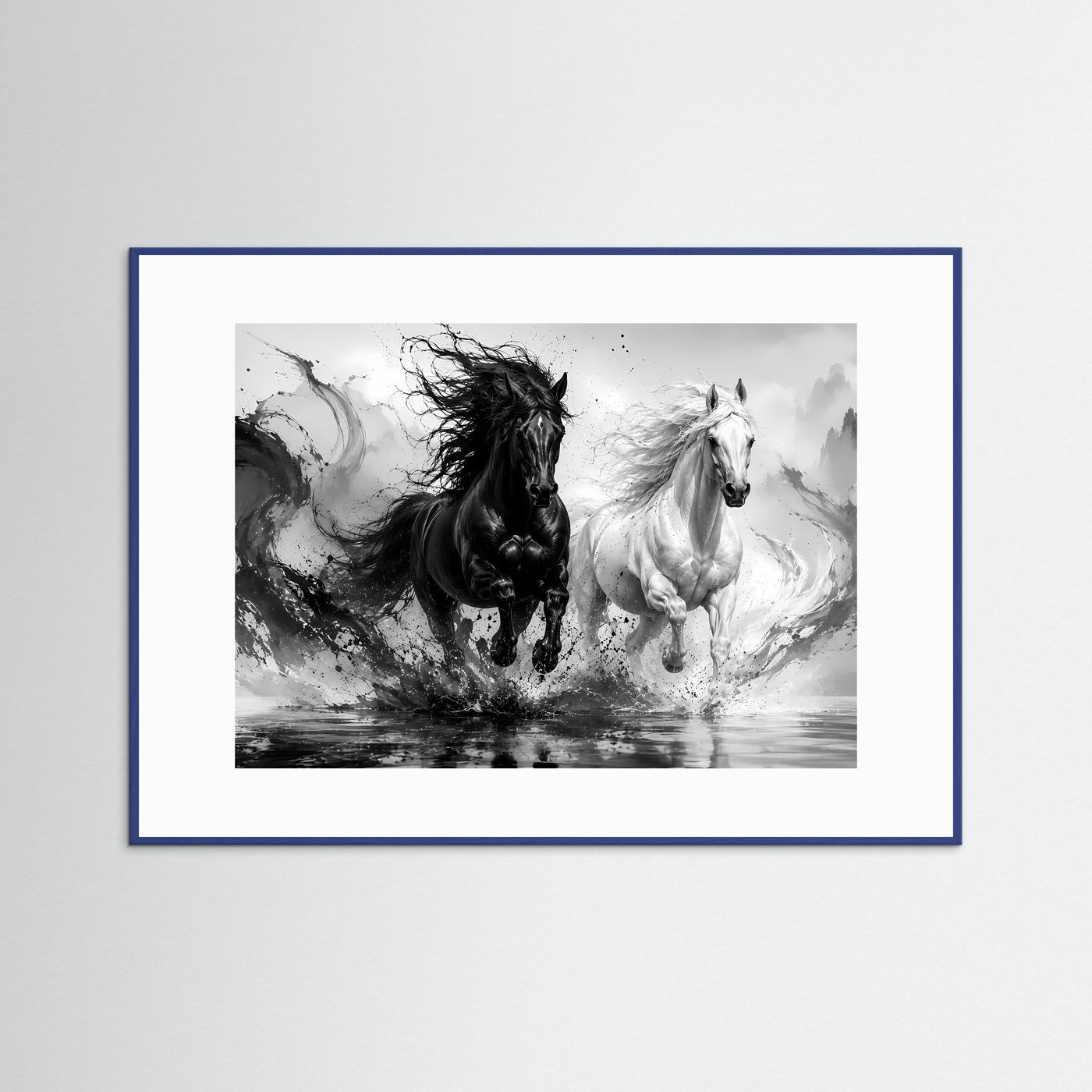 Schwarz Weiß Pferde Poster | Yin Yang Pferde Wandbild | Galoppierende Schwarze und Weiße Pferde | Moderne Abstrakte Pferdekunst