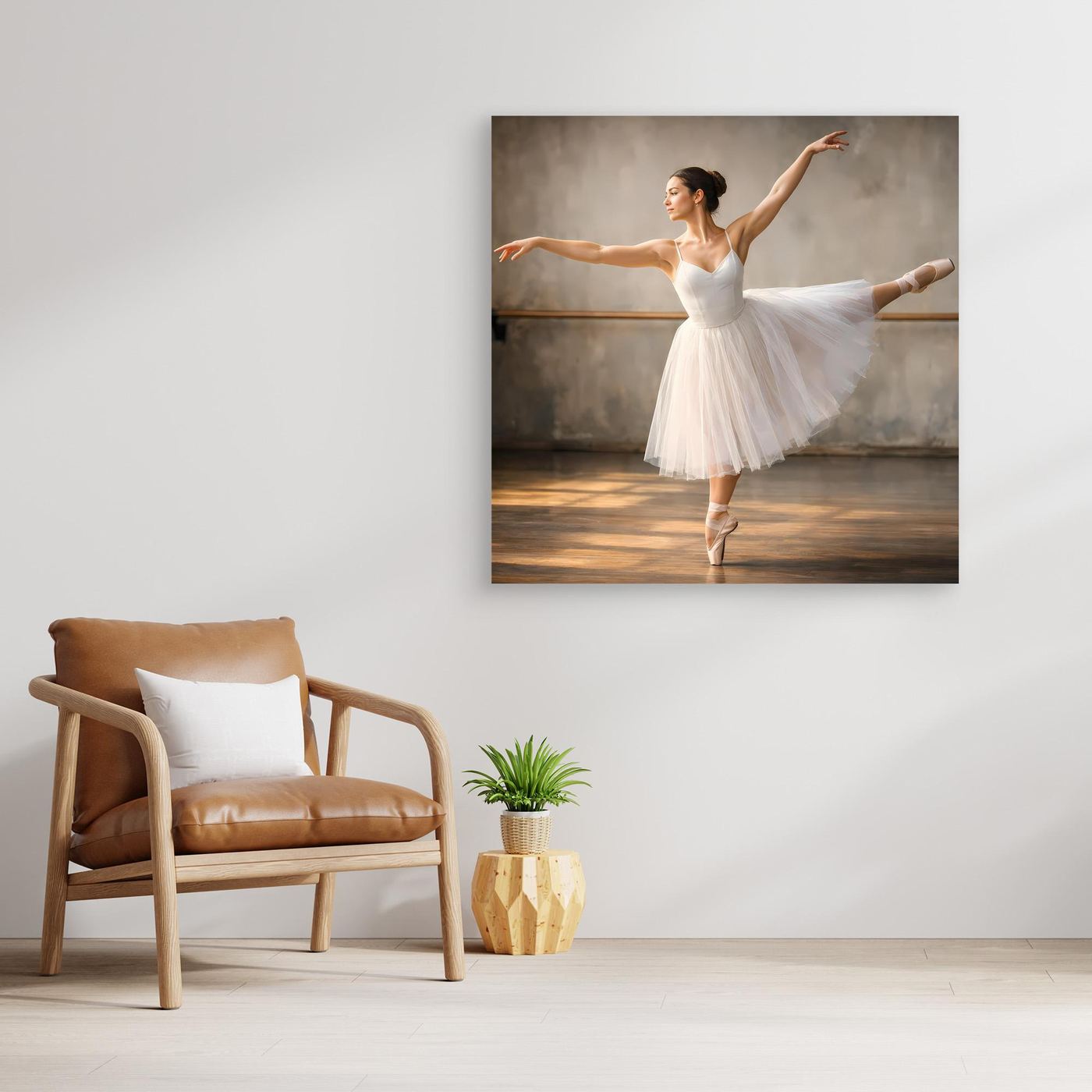 Gerahmtes Leinwandbild mit Ballerina im weißen Tutu, brauner Holzrahmen