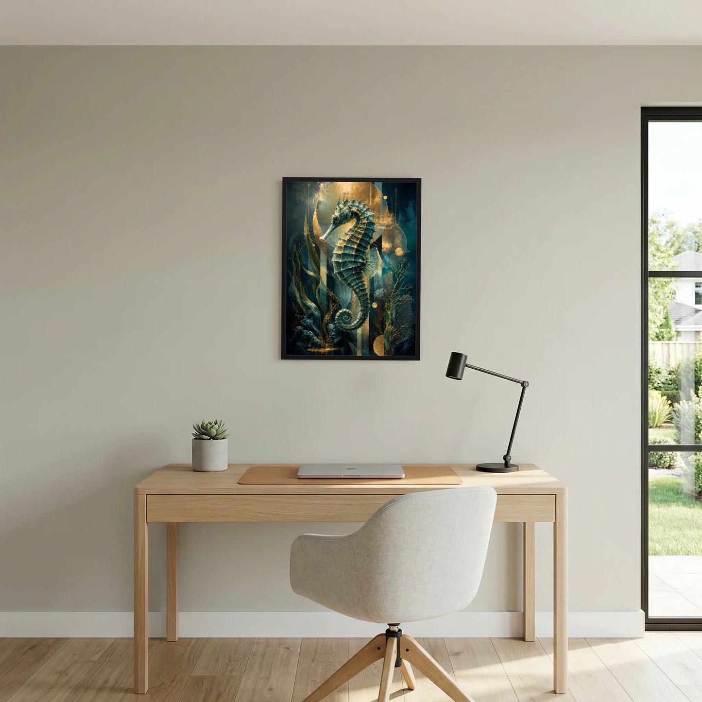 Gerahmtes Bild mit Seepferdchen in Petrol und Gold, spiralförmige Details