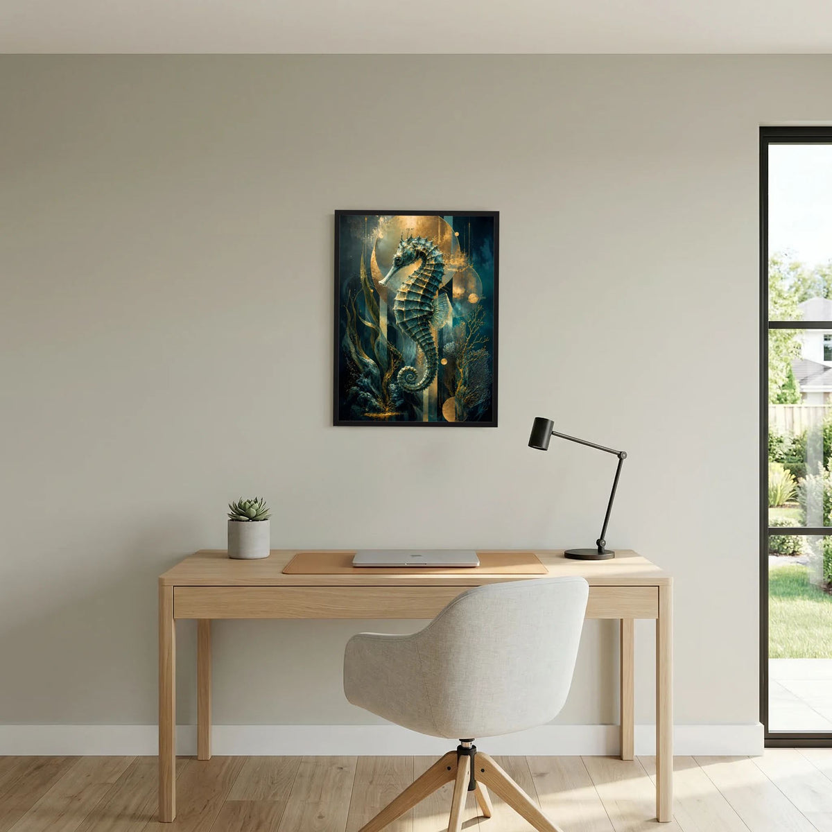 Gerahmtes Bild mit Seepferdchen in Petrol und Gold, spiralförmige Details