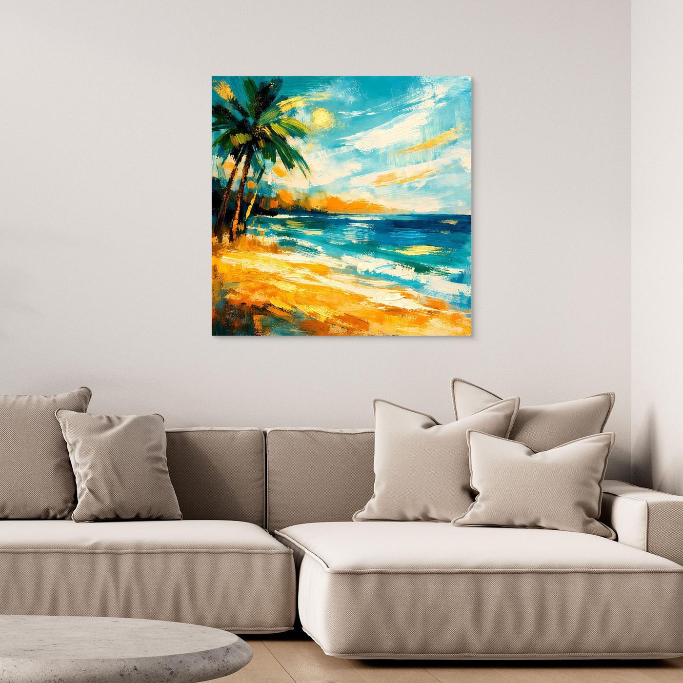 Leinwandbild mit abstrakter Palme am Strand, blau-gelbes Meer und goldener Himmel