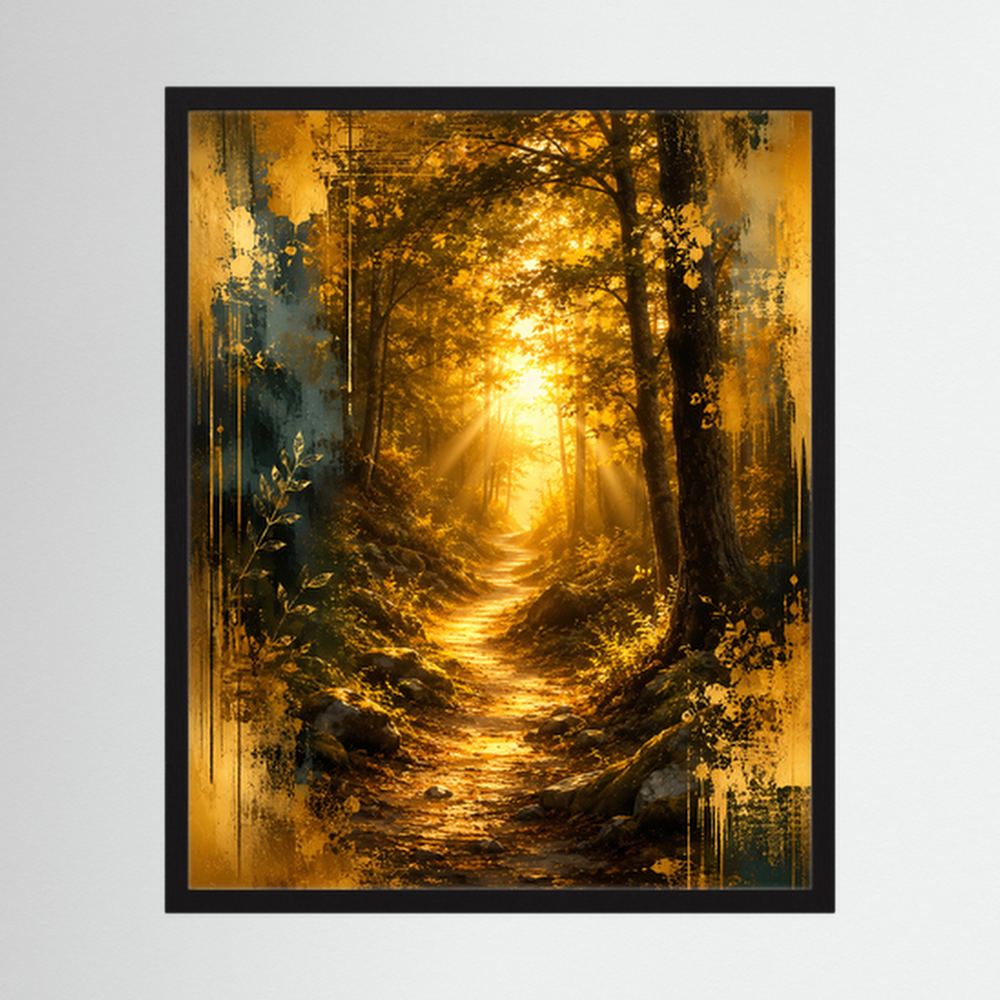 Waldweg-Wandbild im Hochformat mit goldenem Sonnenlicht, dunkel gerahmt