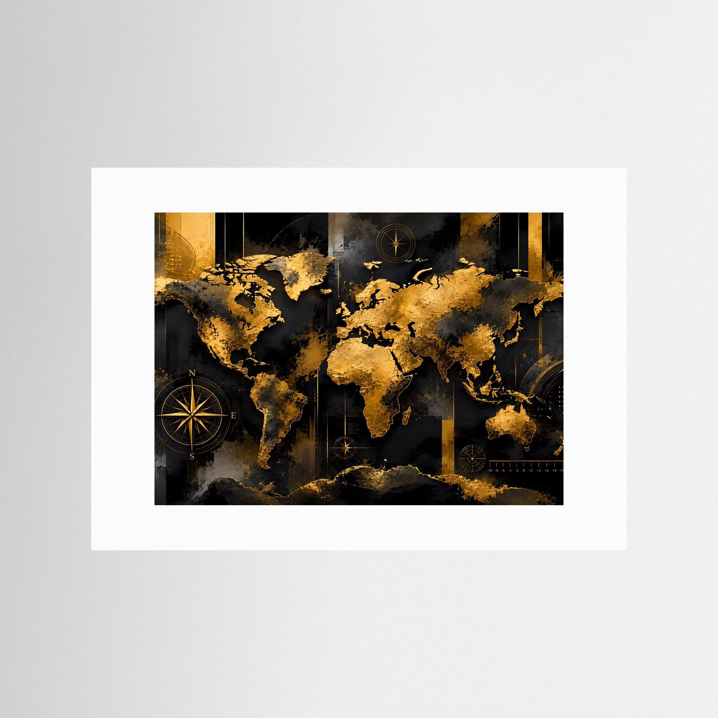 Weltkarte im Querformat mit weißem Passepartout, goldene Kontinente auf dunklem Grund mit Kompass.