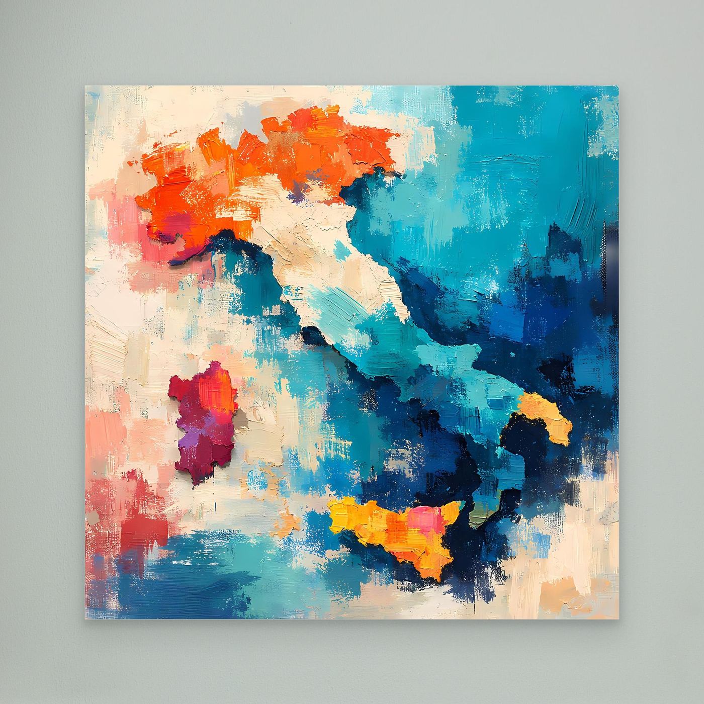 Abstract Italy map wall canvas with blue, red, and orange paint splashes