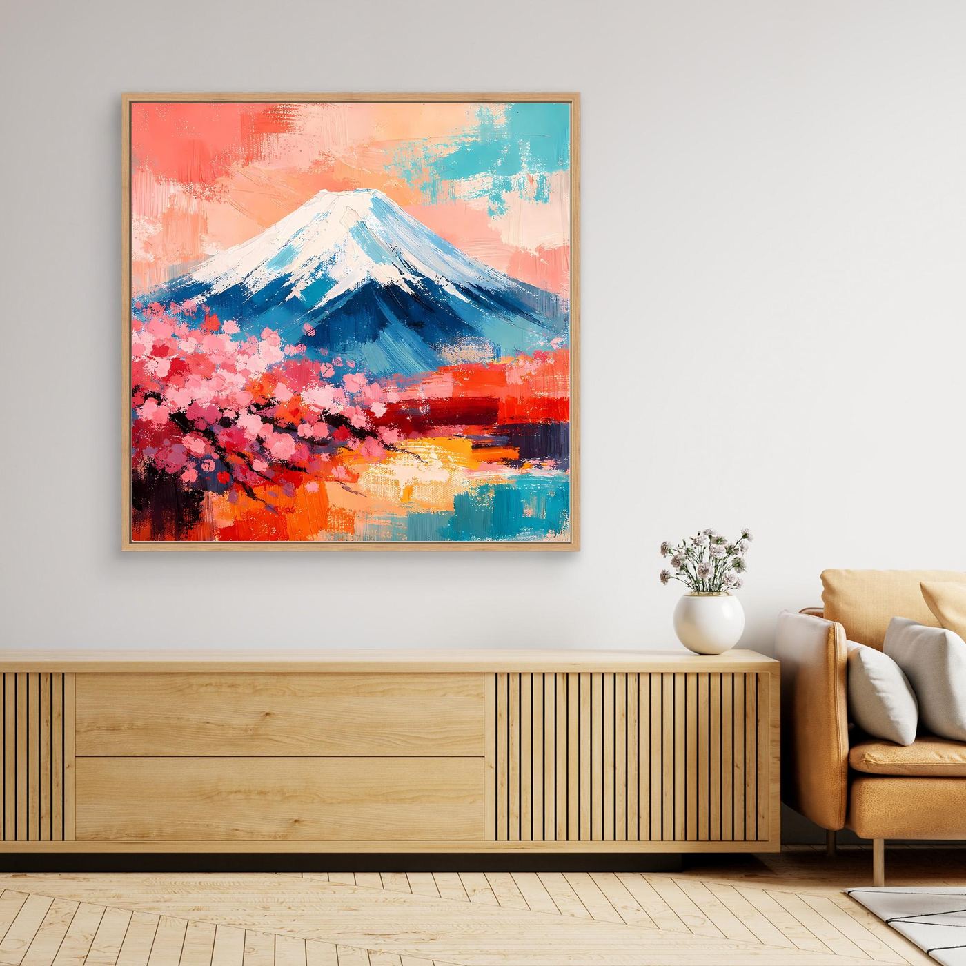Gerahmtes Leinwand-Wandbild: Fuji-Landschaft mit rosa Blüten, blau-weißem Berg und orange/türkisem Himmel.