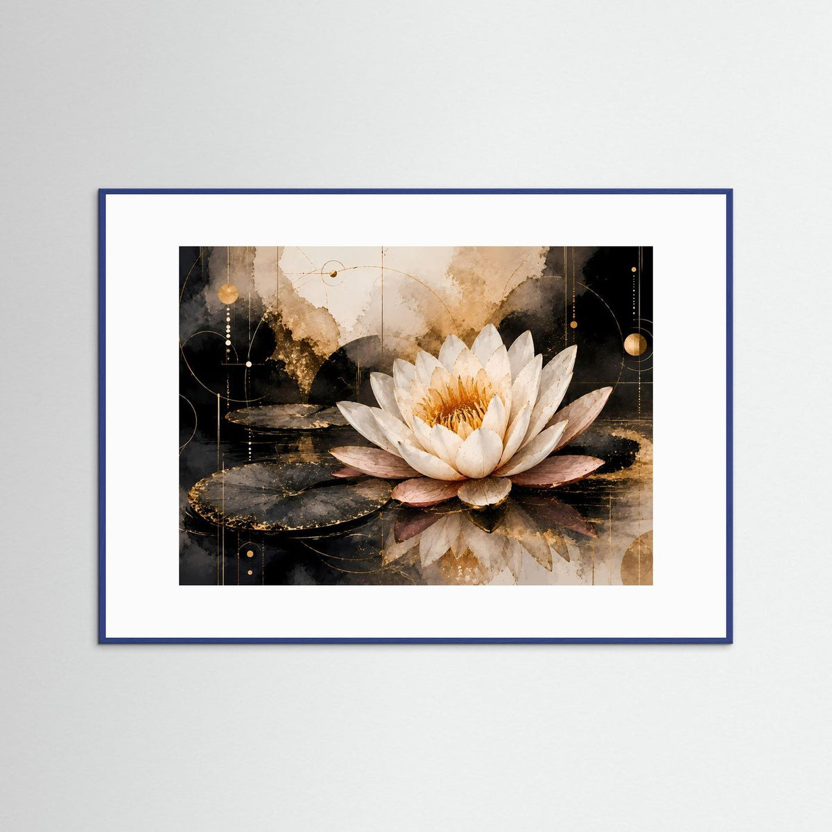 Querformat-Poster in blauem Rahmen mit weißer Seerose und Goldakzenten auf dunklem Wasser