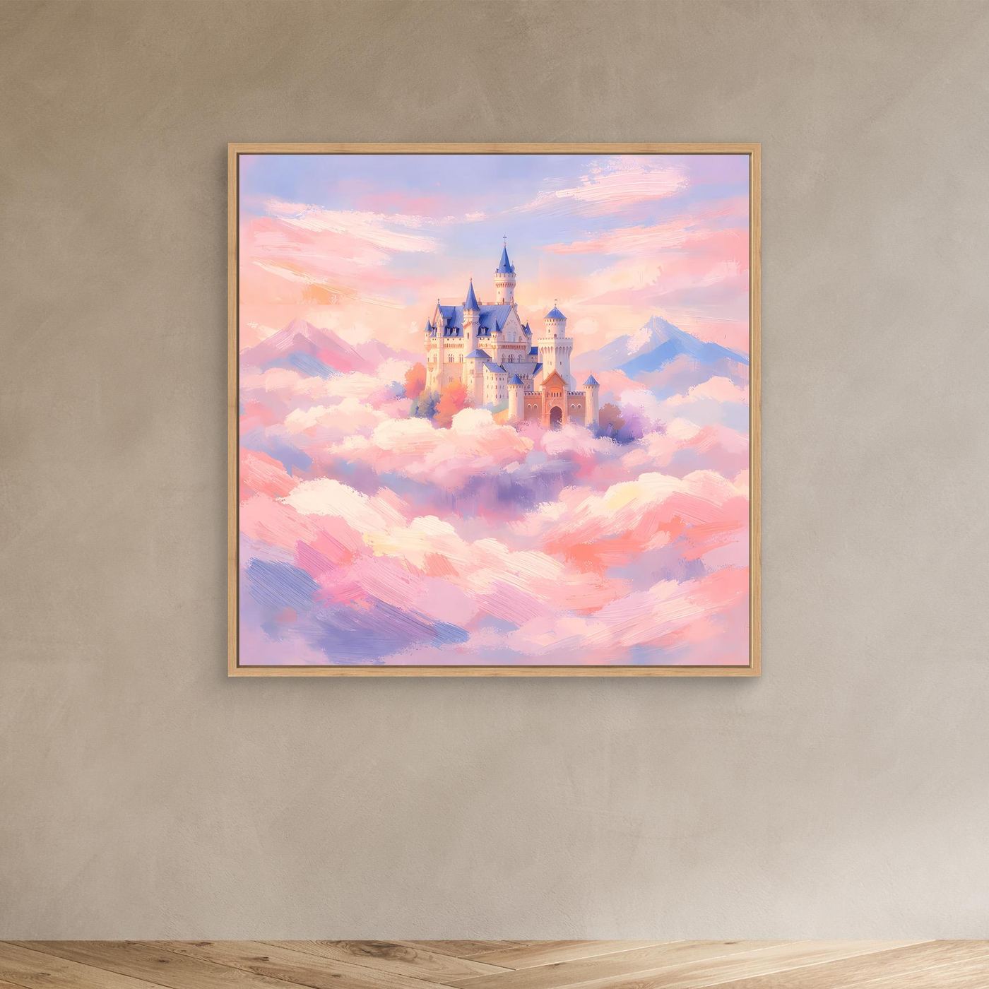 Leinwand Schloss Neuschwanstein über Wolken | Märchenhafte Pastelltöne Wandbild