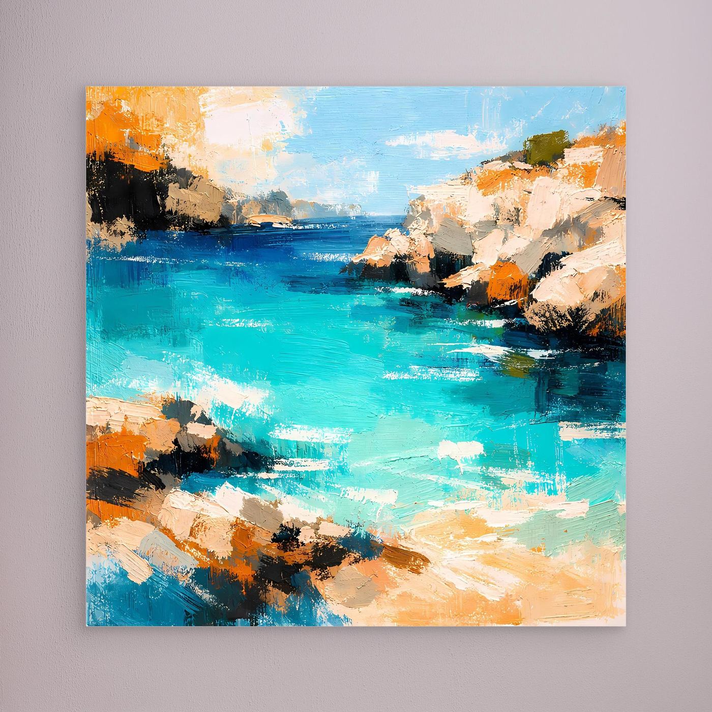 Leinwand Traumhafte Klippenbucht | Abstraktes Mediterranes Küsten Wandbild