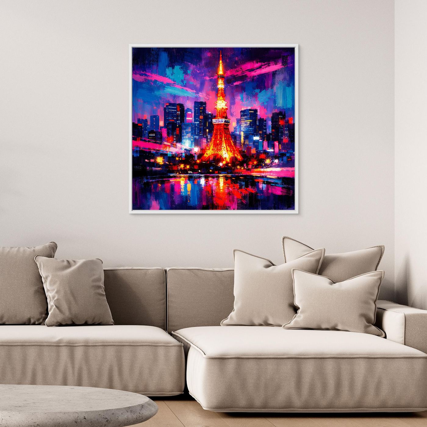 Abstraktes Skyline-Wandbild mit farbiger Lichtstadt und Turm, weißer Rahmen