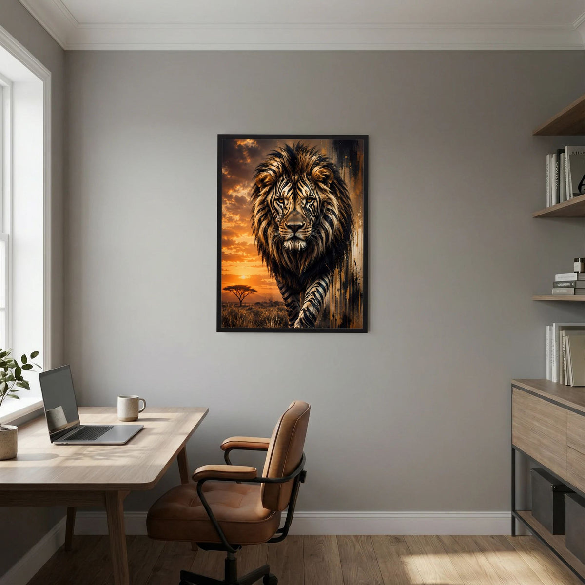 Löwenposter mit zebramustermem Löwen, orange Sonnenuntergang, schwarzer Rahmen