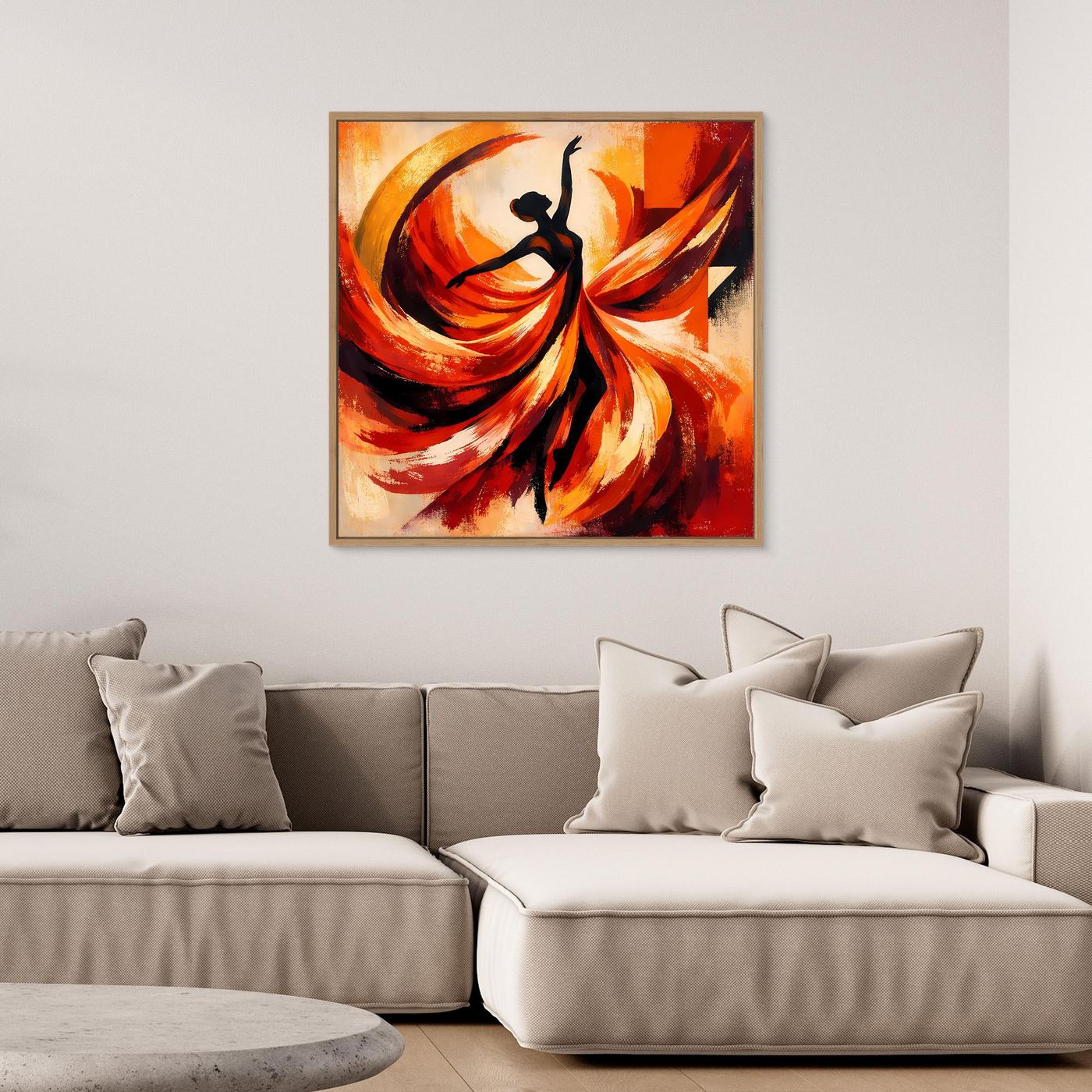 Quadratisches Leinwandbild mit Rahmen, abstrakte Ballerina in Orange-Rot und schwarzer Silhouette.