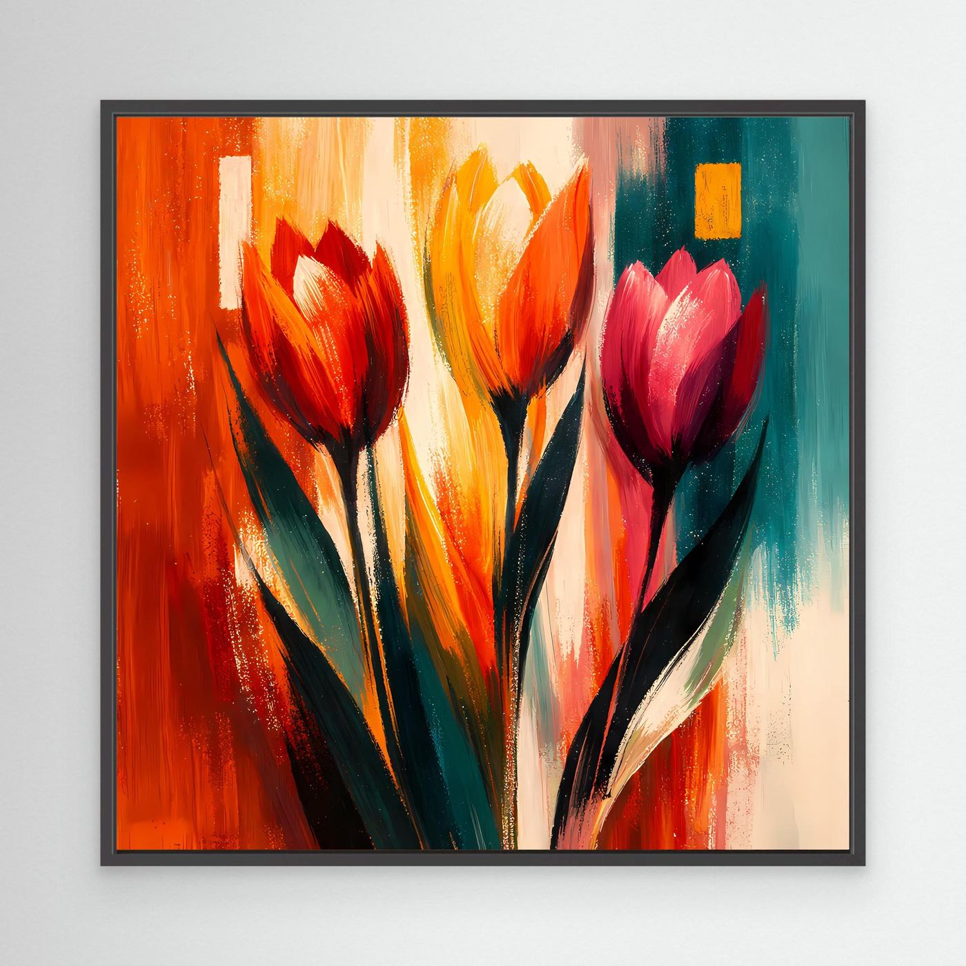 Leinwandbild mit abstrakten Tulpen in bunten Farben, mit schwarzem Rahmen