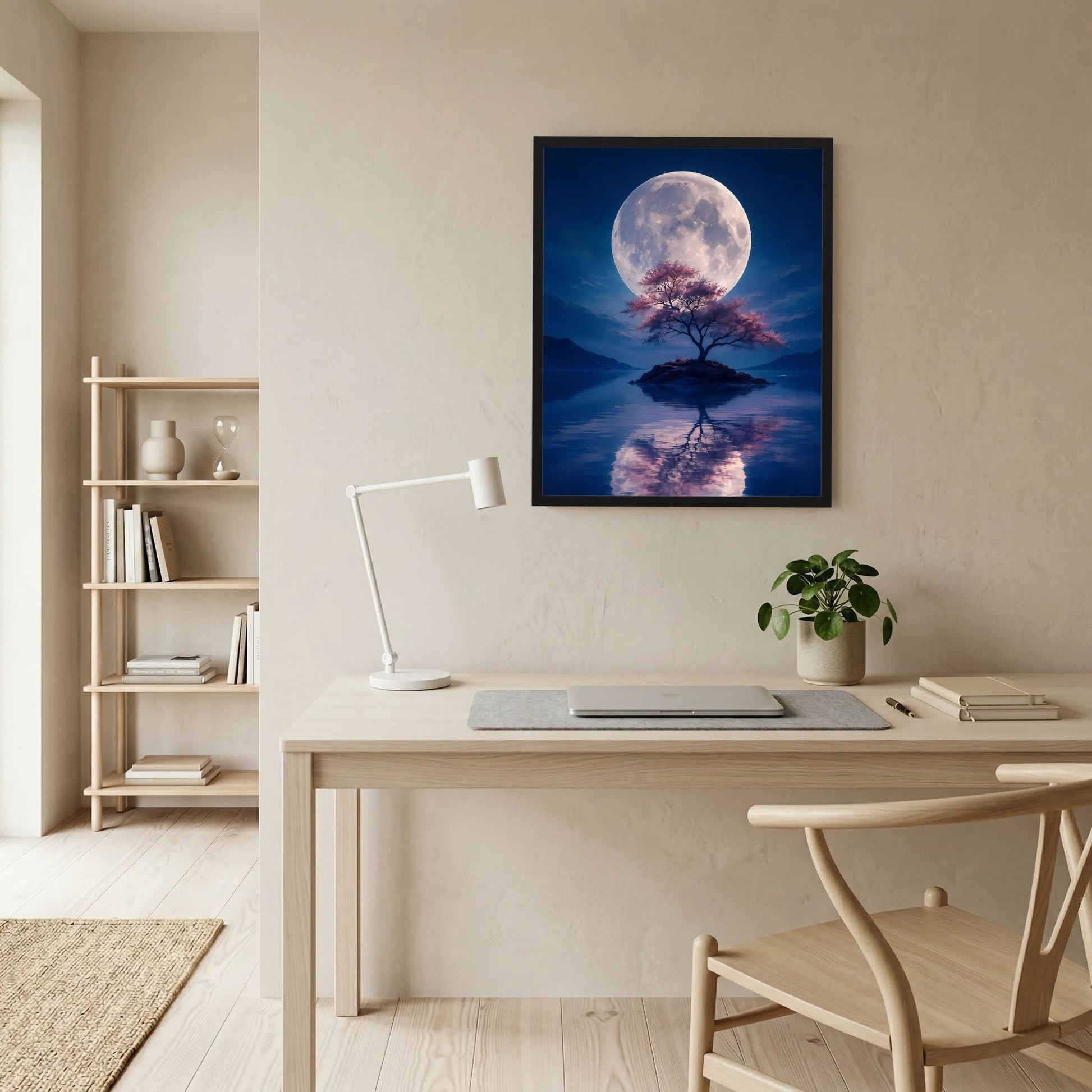 Wandbild-Poster im schwarzen Rahmen: Vollmond, rosa blühender Baum auf Felsinsel, Spiegelung