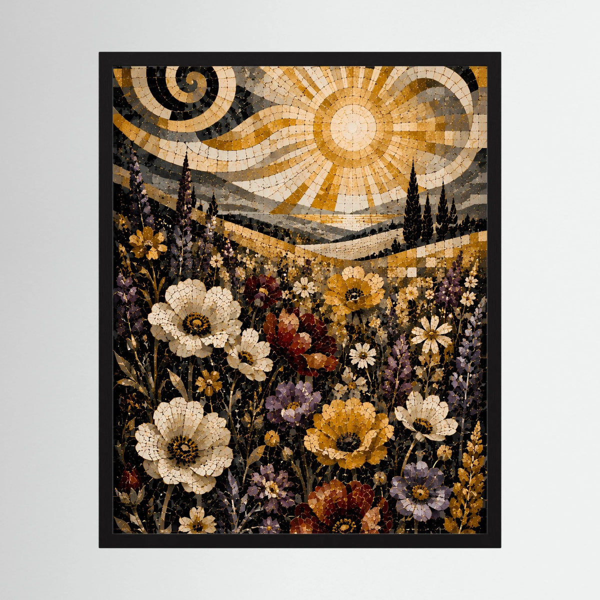Poster im Hochformat mit Mosaikstil: goldene Sonne, Wildblumenfeld und dunkle Baumformen