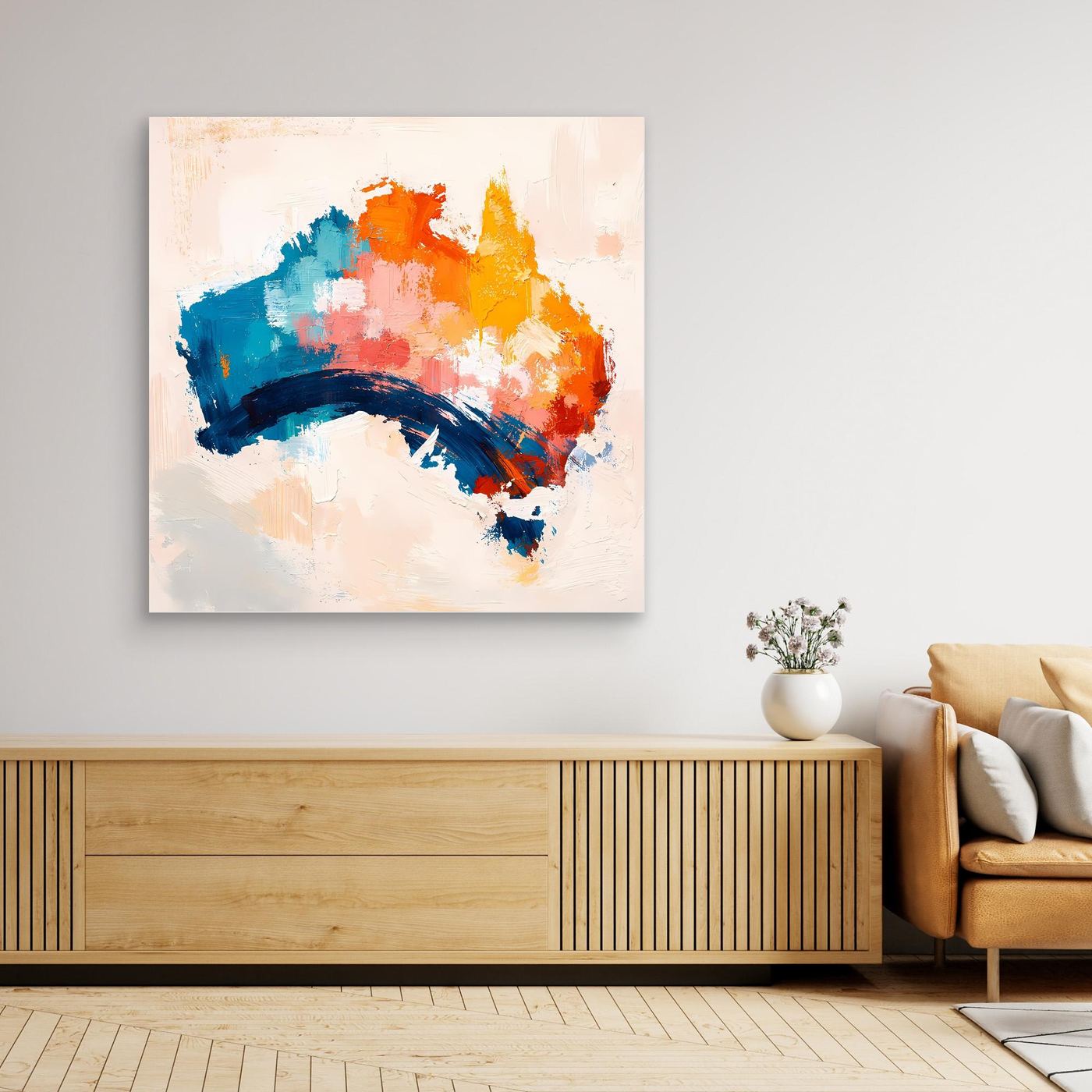 Abstract Australia wall canvas with colorful blue, orange, and yellow brushstrokes