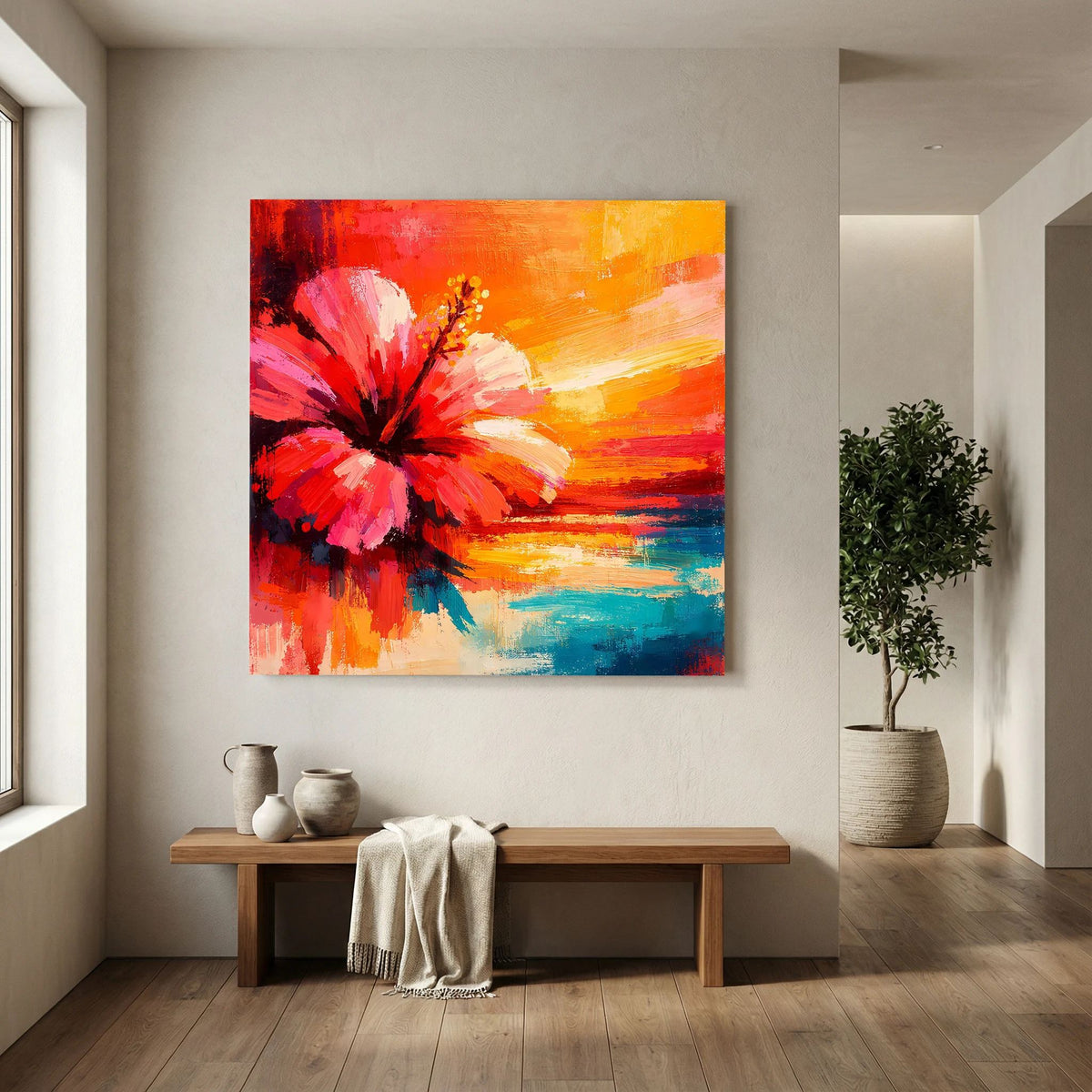 Hibiskusblüten-Abstraktbild auf Leinwand an Wand, rote Blüte, orange Himmel und blaues Meer