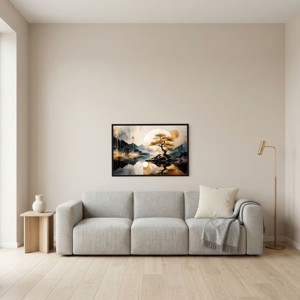 Gerahmtes Poster im Querformat: Bonsai-Baum in Gold, runde Sonne/Mond, Landschaft in Blau und Grau