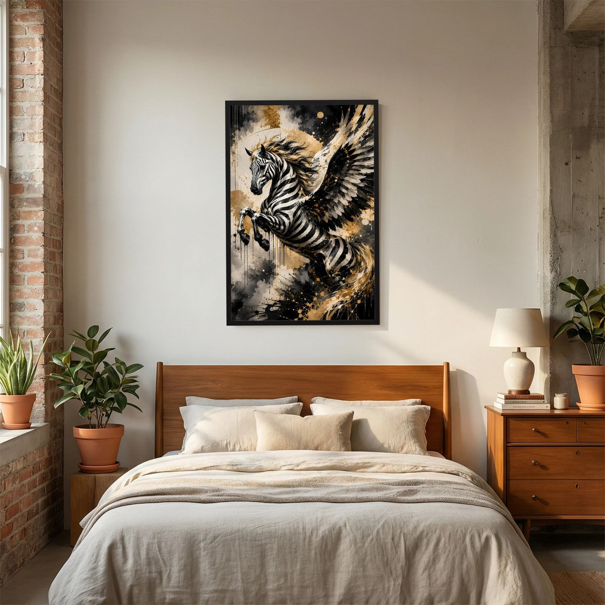 Geflügeltes Zebrapferd | Schwarz Gold abstrakte Fantasy Kunst | Poster Hochformat