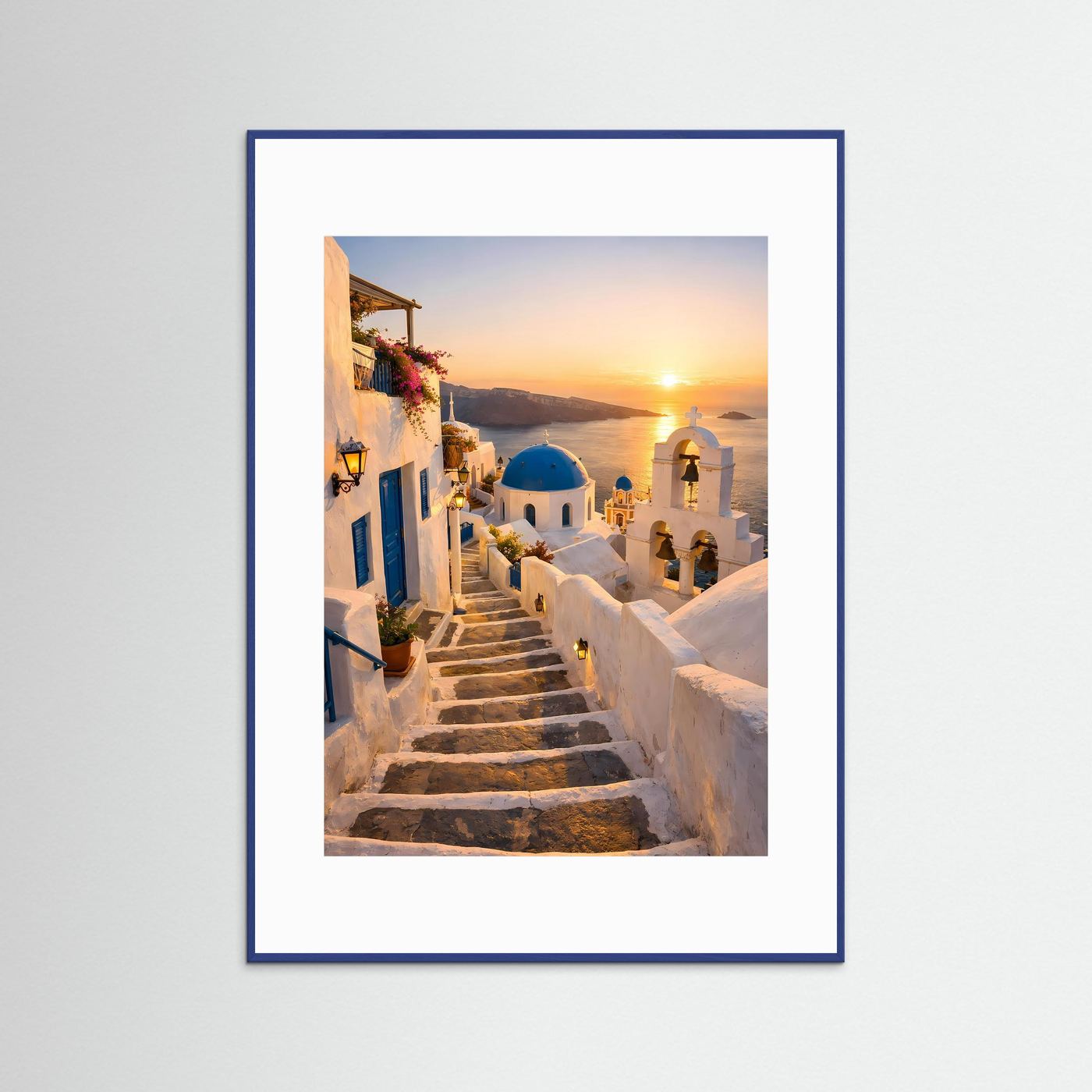 Leinwandbild Sonnenuntergang Santorini: Treppe, weiß-blaue Häuser im blauem Rahmen