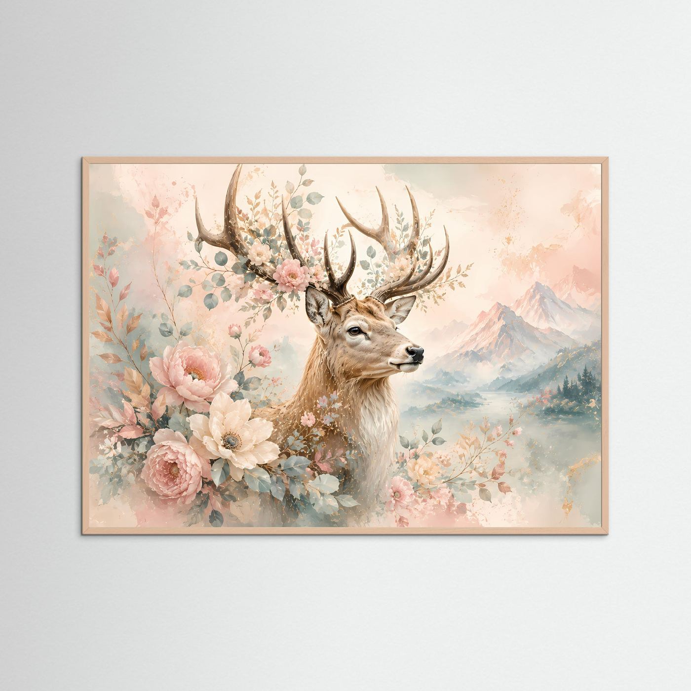 Hirsch mit Blumen Poster | Floraler Hirsch in Pastellfarben | Elegante Natur Wandkunst | Romantische Berglandschaft | Premium Leinwand & Wall Art