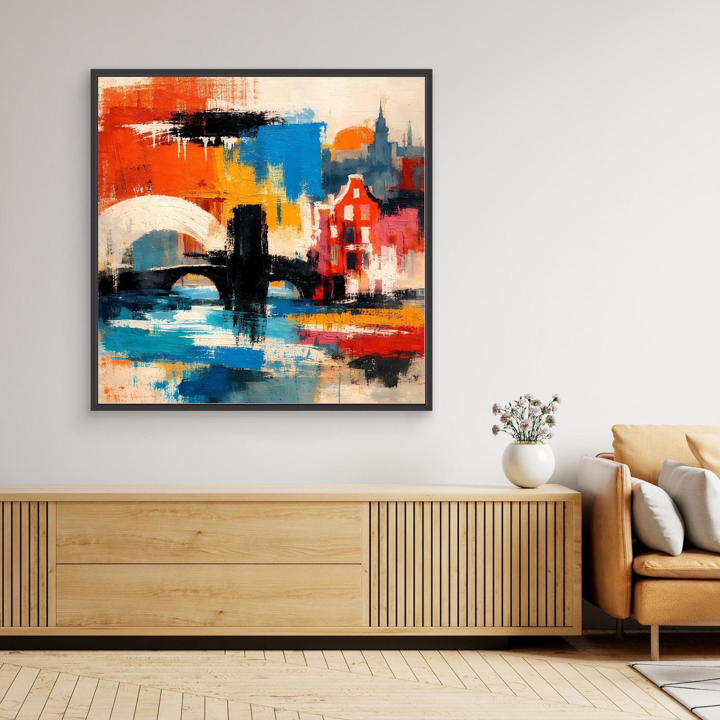 Gerahmtes Leinwand-Wandbild, abstrakte Stadt in Bunt, schwarzer Rahmen