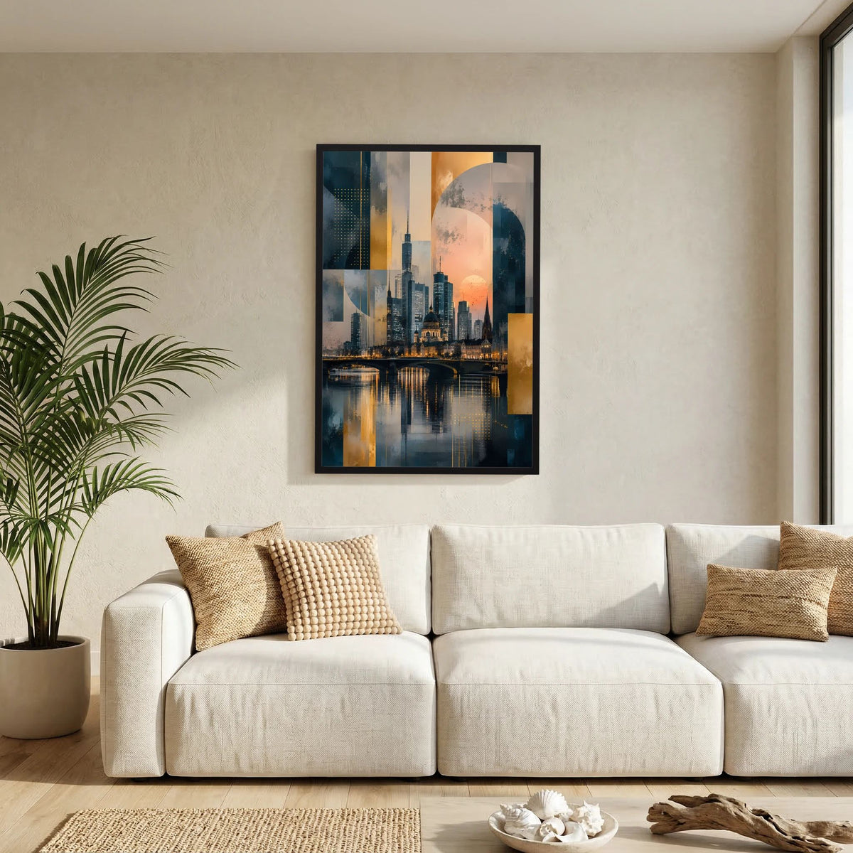 Poster (Hochformat) mit abstrakter Skyline am Fluss, Gold- und Petroltöne, schwarzer Rahmen