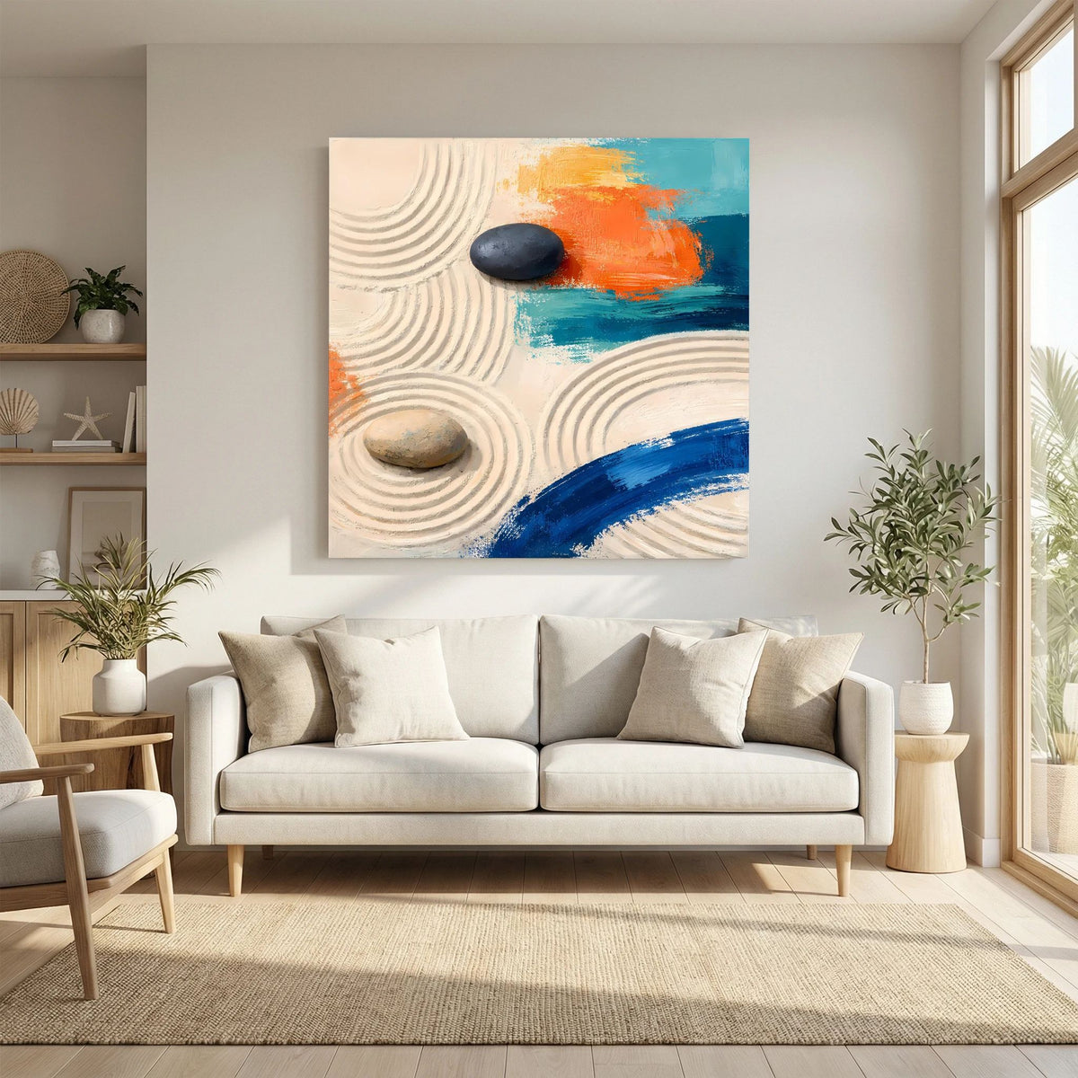 Abstraktes Zen-Leinwandbild mit Sandlinien, schwarzem und hellem Stein sowie Blau-Pinselstrich