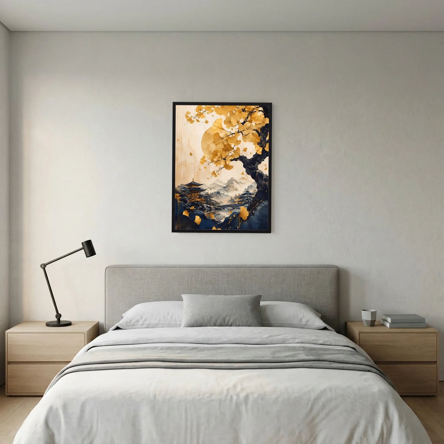 Hochformat-Poster im schwarzen Rahmen mit goldenen Blättern und blauem Bergtal
