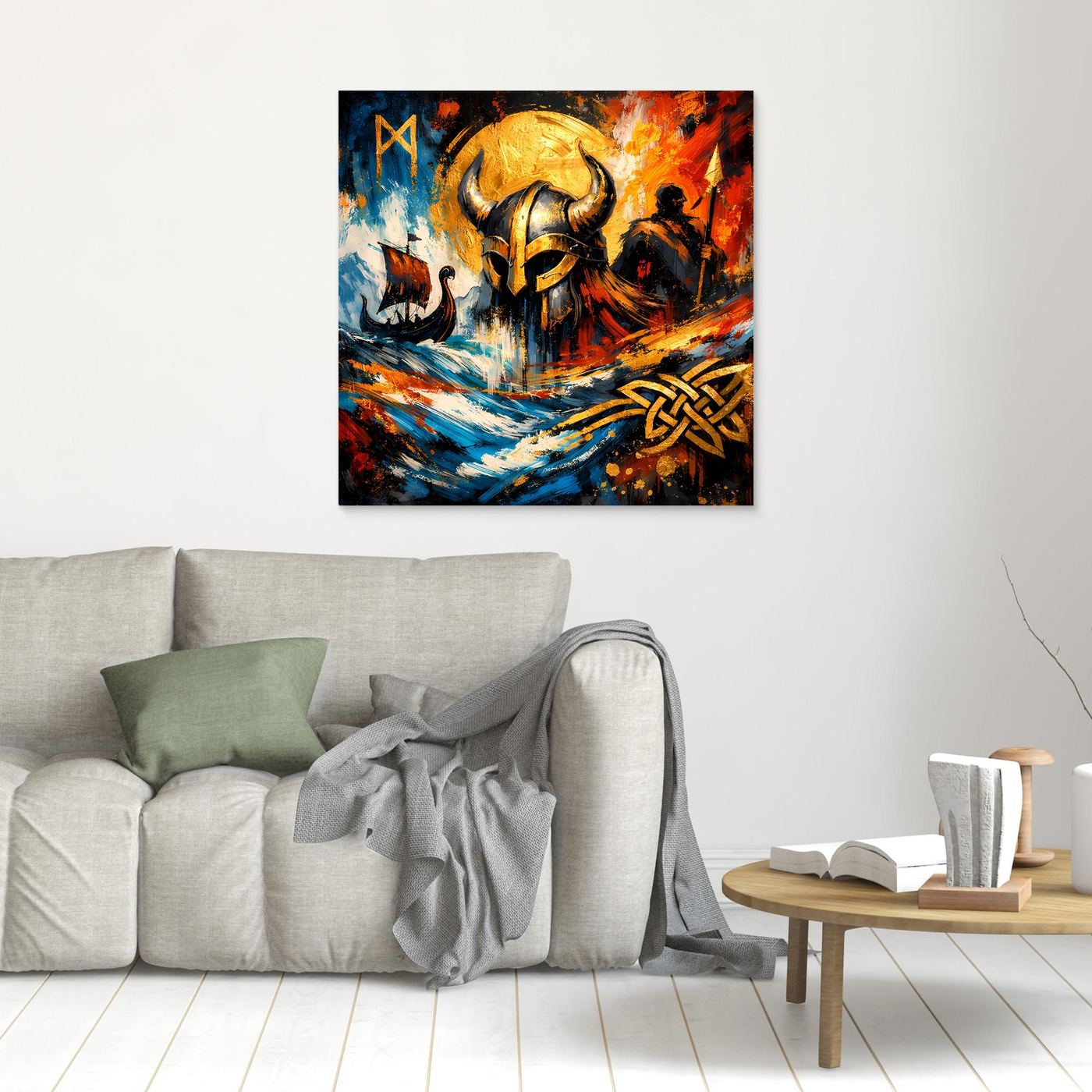 Kleines Leinwandbild mit Wikingerhelm-Motiv im abstrakten Mythologie-Stil, braun gerahmt