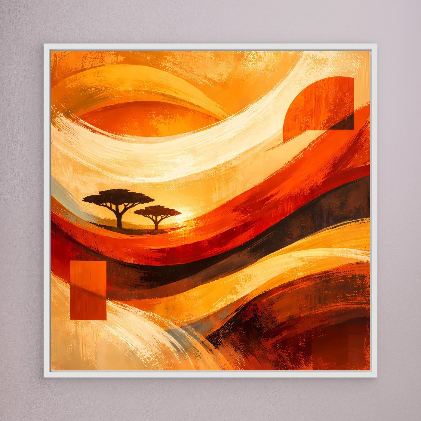 Gerahmtes Leinwandbild mit abstrakter Savannen-Szene, orange/rot, Baum-Silhouette und helle Pinselwellen