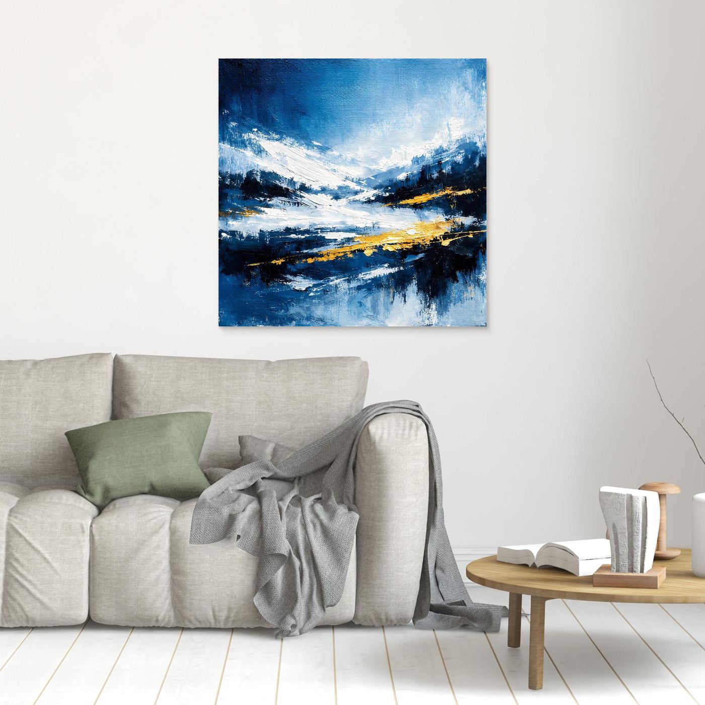 Leinwand Abstraktes Wintergemälde in Blau und Gold | Modernes Schnee & Berge Wandbild