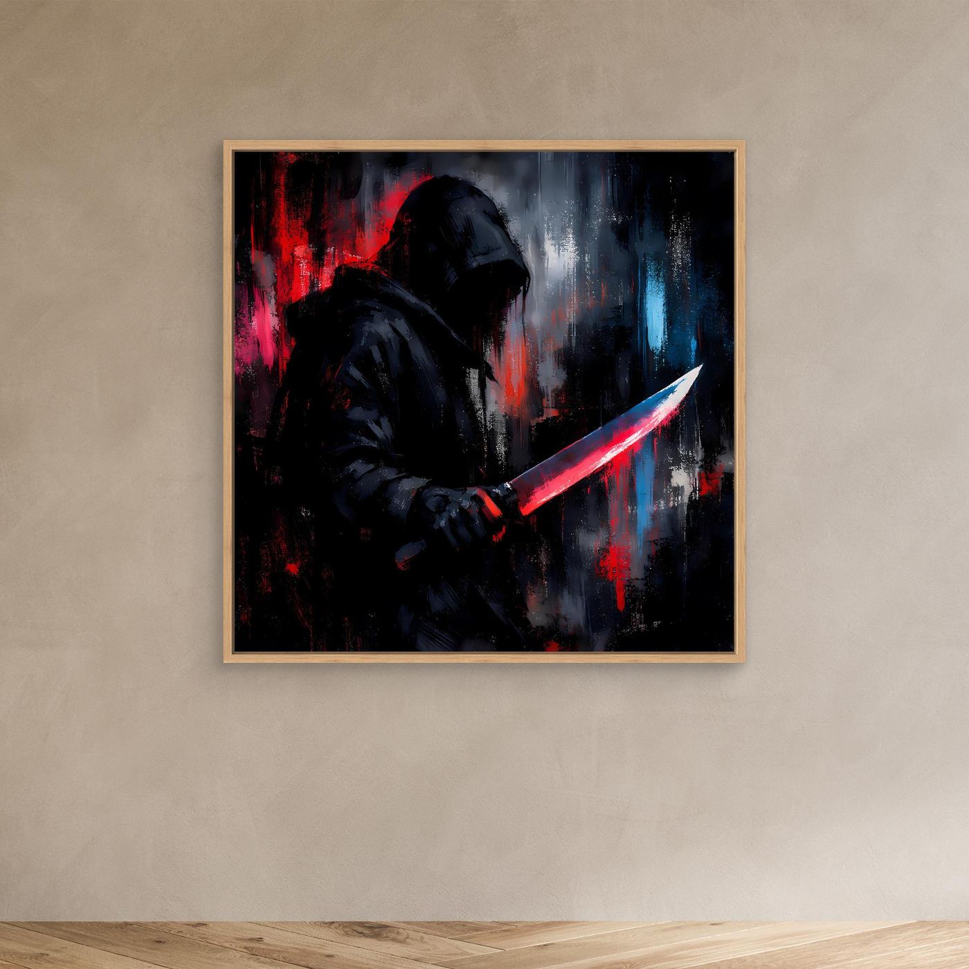 Wandbild mit Eichenrahmen: Schattenkrieger mit Kapuze und rotem Lichtschwert; Neon-Farbverläufe.