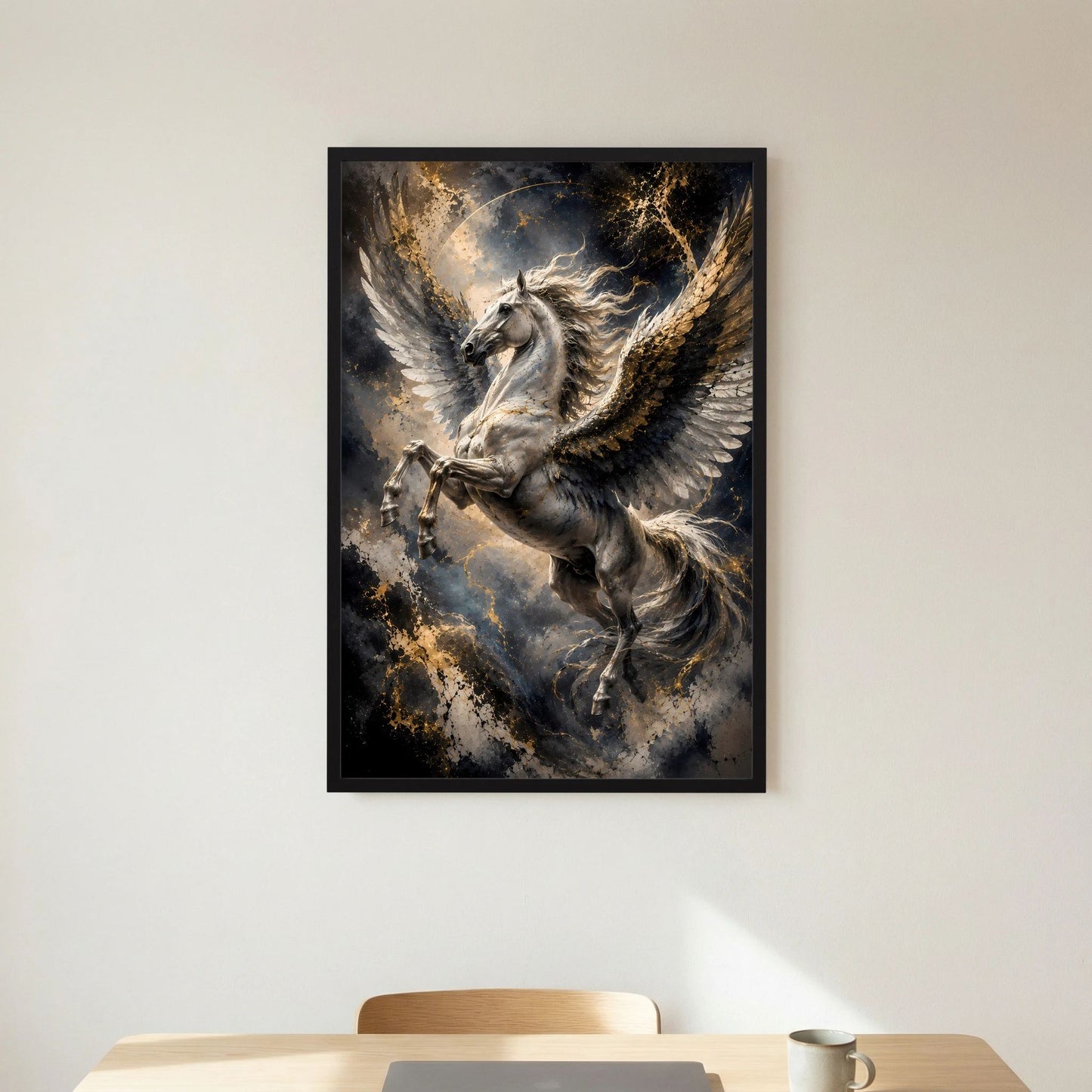 Hochformat-Poster: Pegasus mit goldenen Flügeln, silberner Mähne, schwarz gerahmt