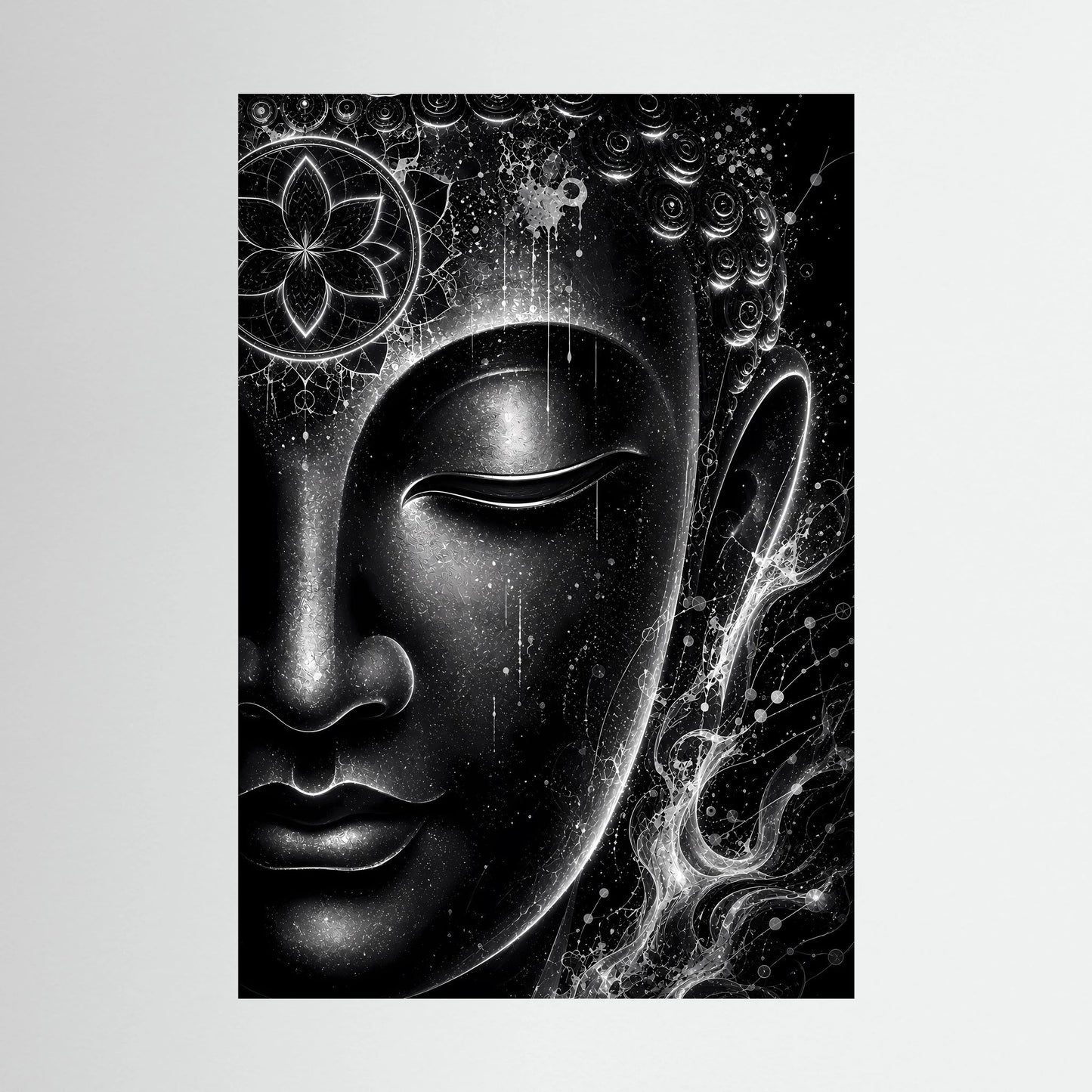 Buddha-Poster im Hochformat, Schwarzweiß-Illustration mit Mandala und Lichtenergie