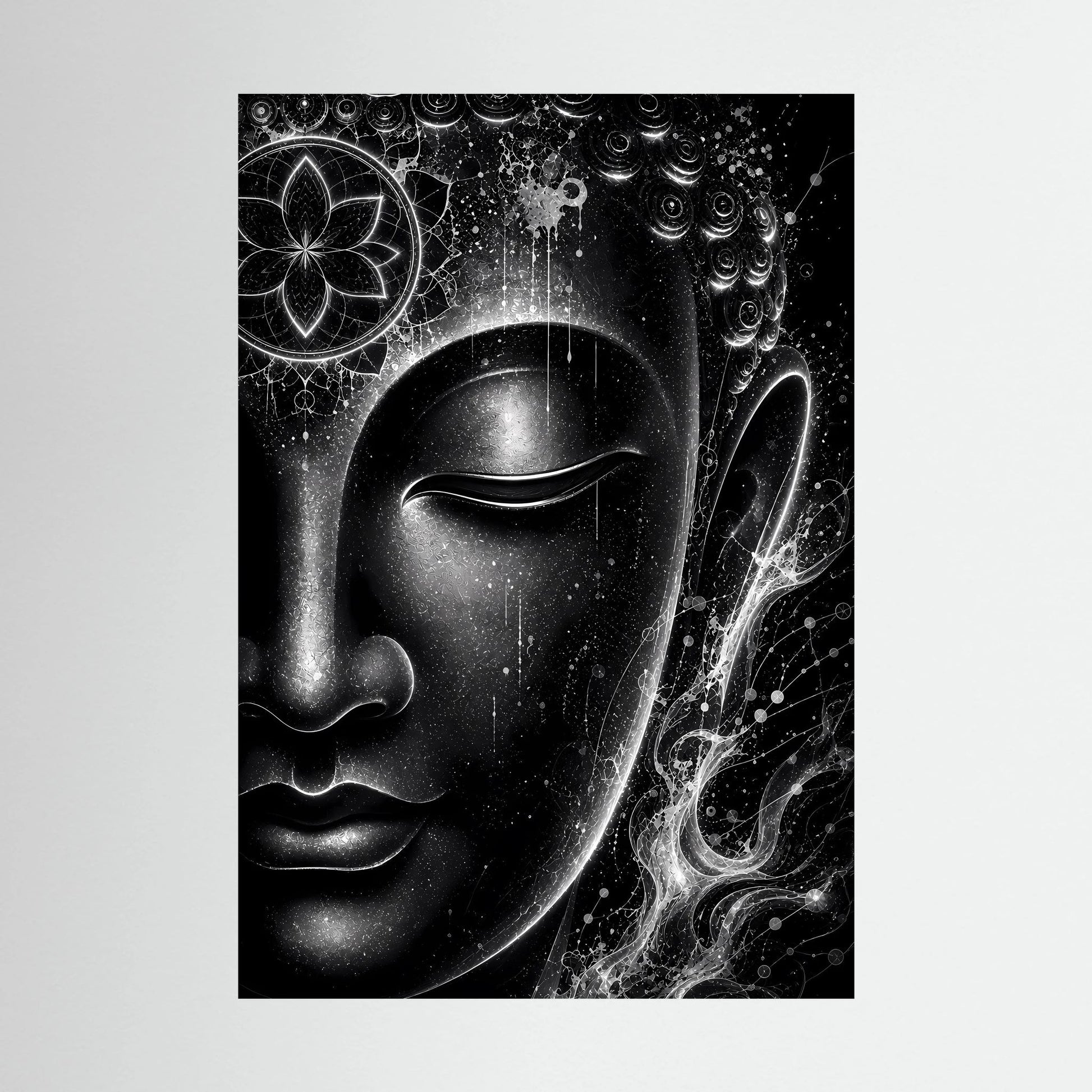 Buddha-Poster im Hochformat, Schwarzweiß-Illustration mit Mandala und Lichtenergie