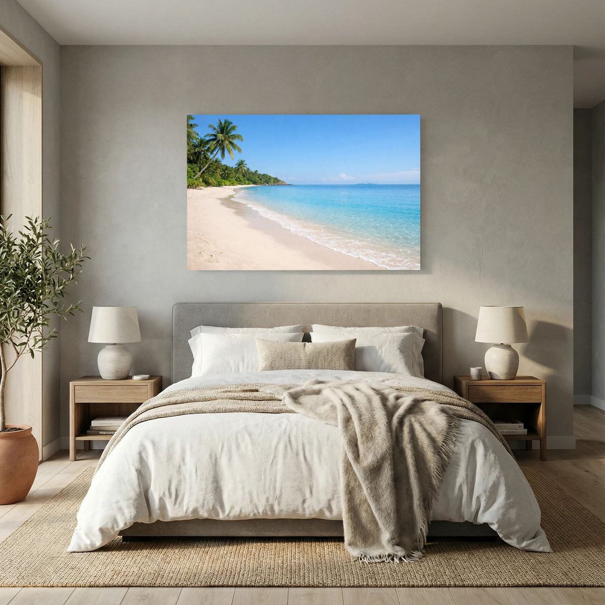 Wandbild mit tropischem Strand, Palmen und blauem Meer im Querformat