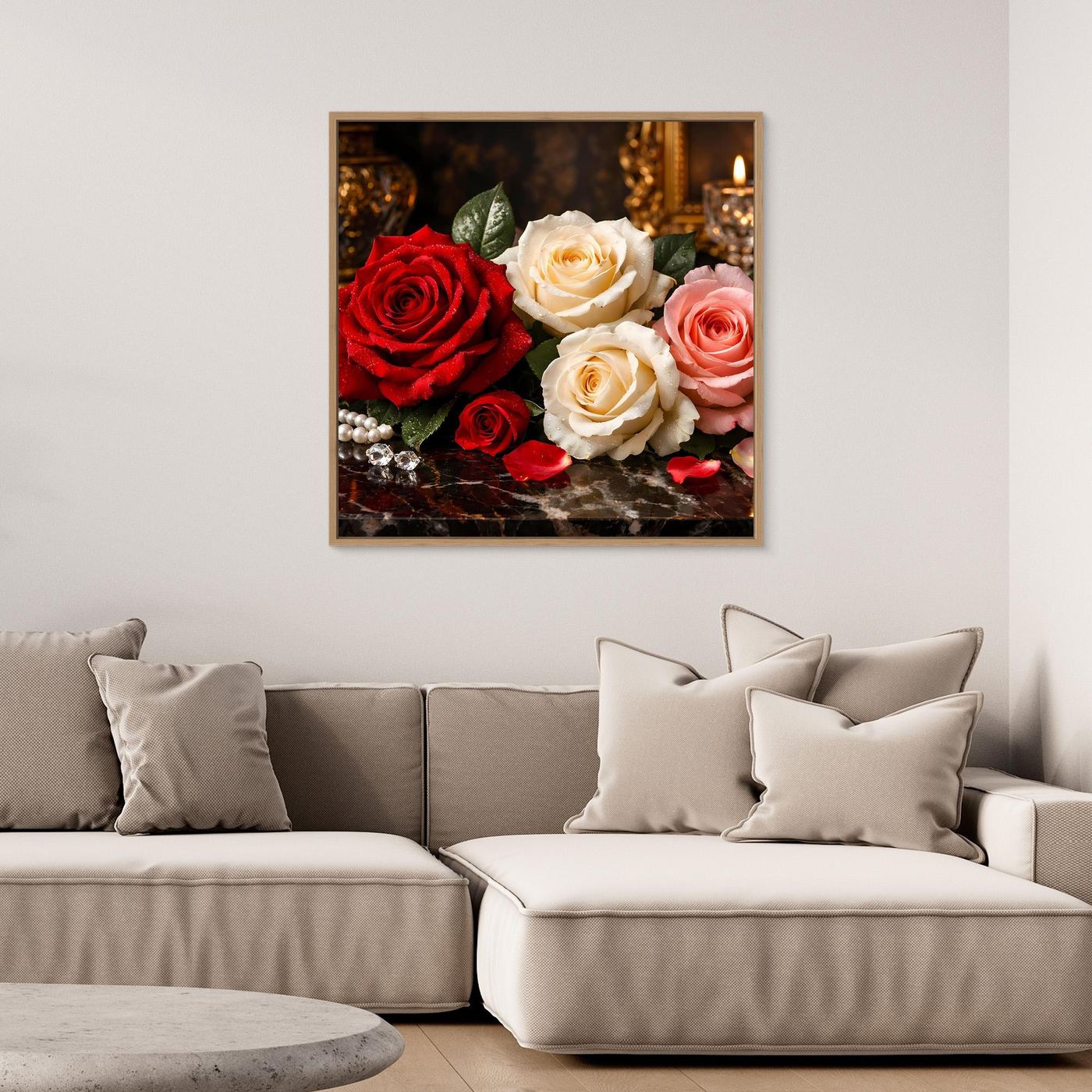 Wandbild Rosenstillleben mit roten und rosafarbenen Rosen, goldener Holzrahmen