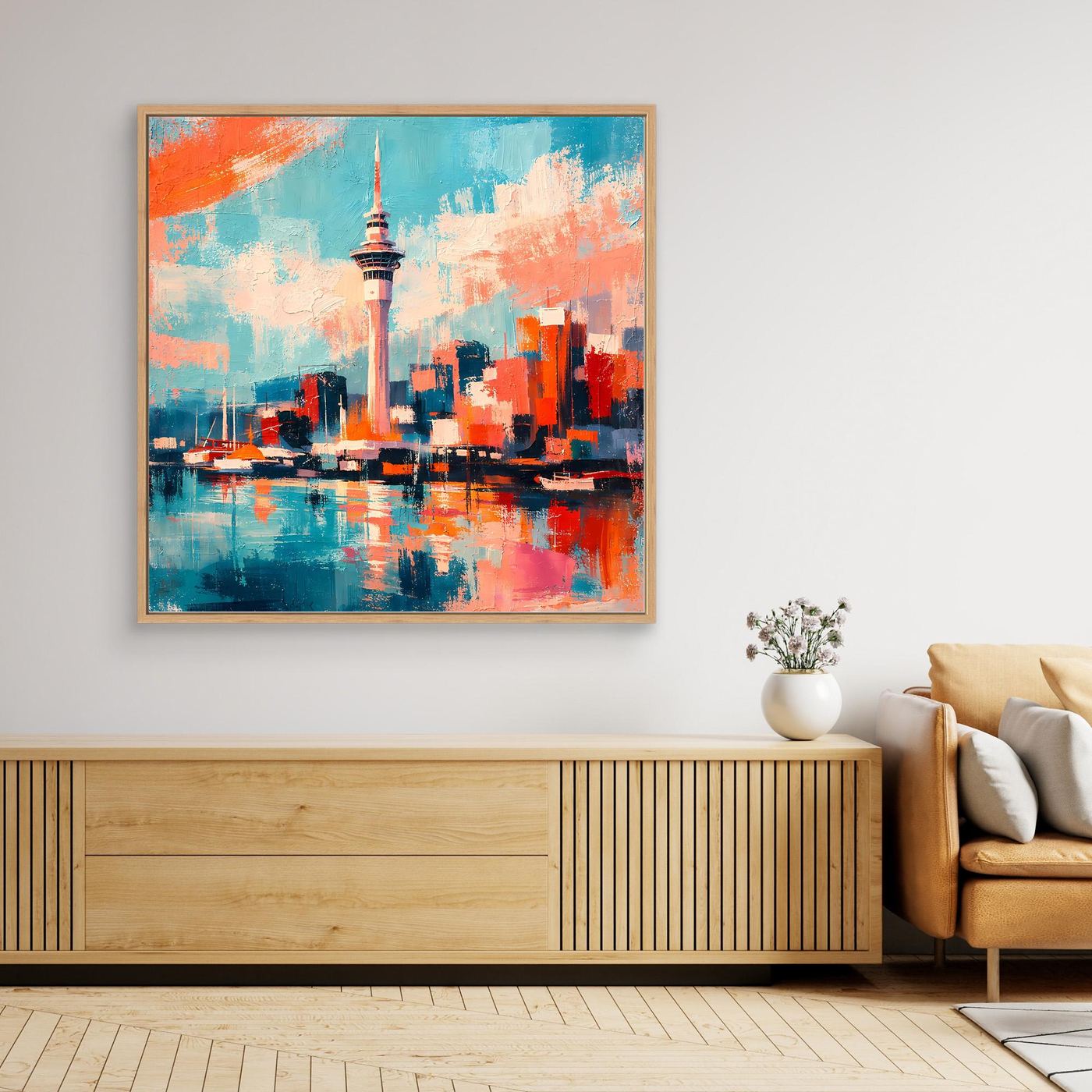 Wandbild mit abstrakter Skyline und Sky Tower, türkis-orange, im goldbraunen Rahmen
