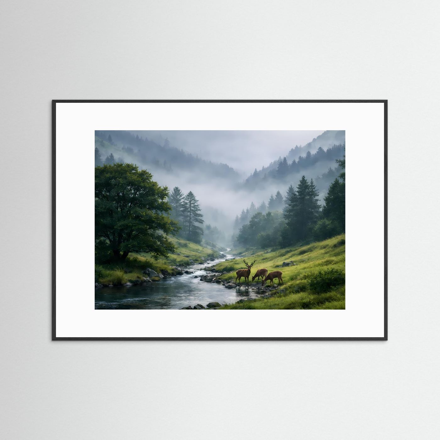 Naturposter mit schwarzem Rahmen und weißem Rand, Querformat: Bergwald mit Bach und Hirschen