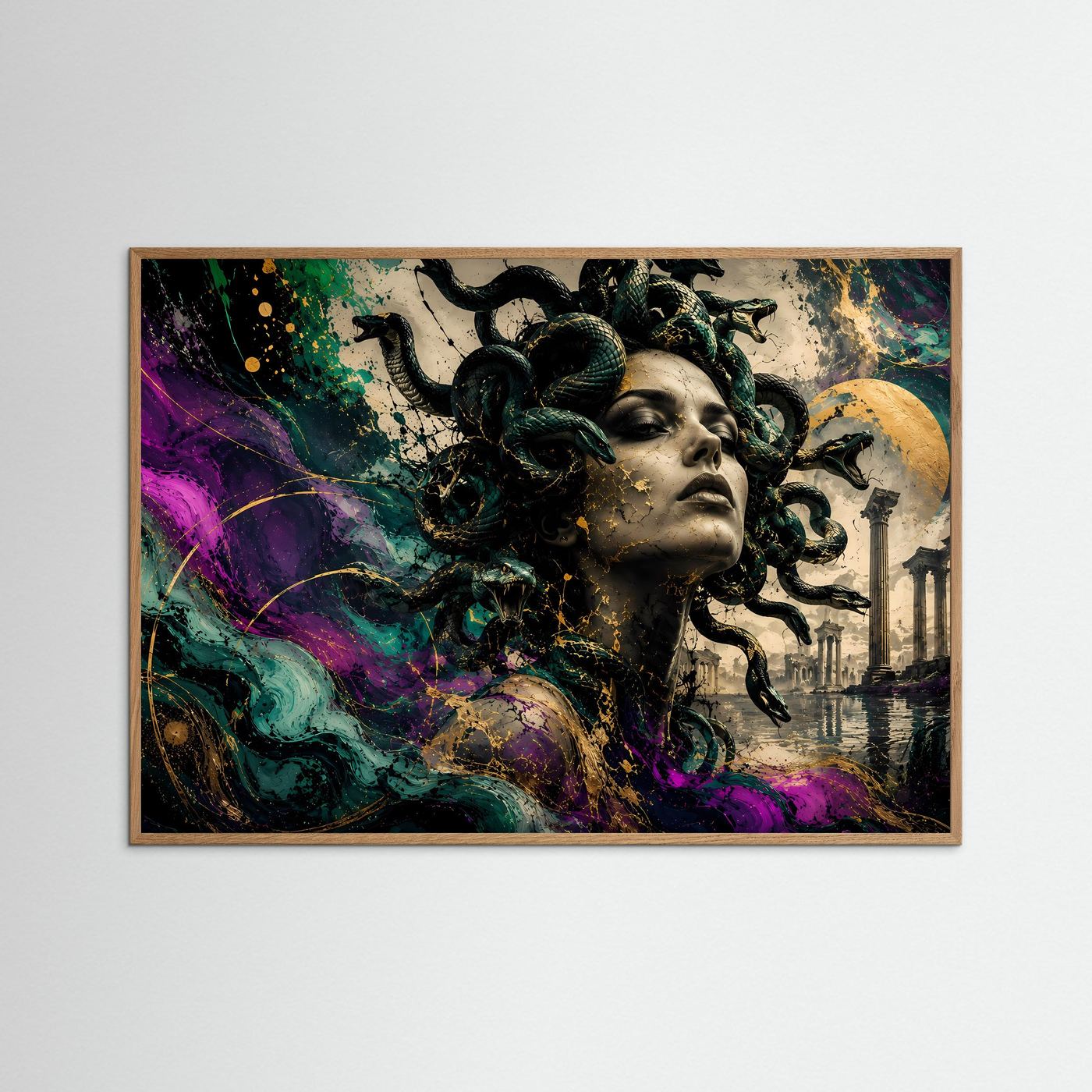 Medusa Wandbild Abstrakt | Mythologie Kunst mit Schlangen | Moderne Gorgone Wall Art | Griechische Antike Fantasy Poster | Luxus Leinwand Gold Akzente