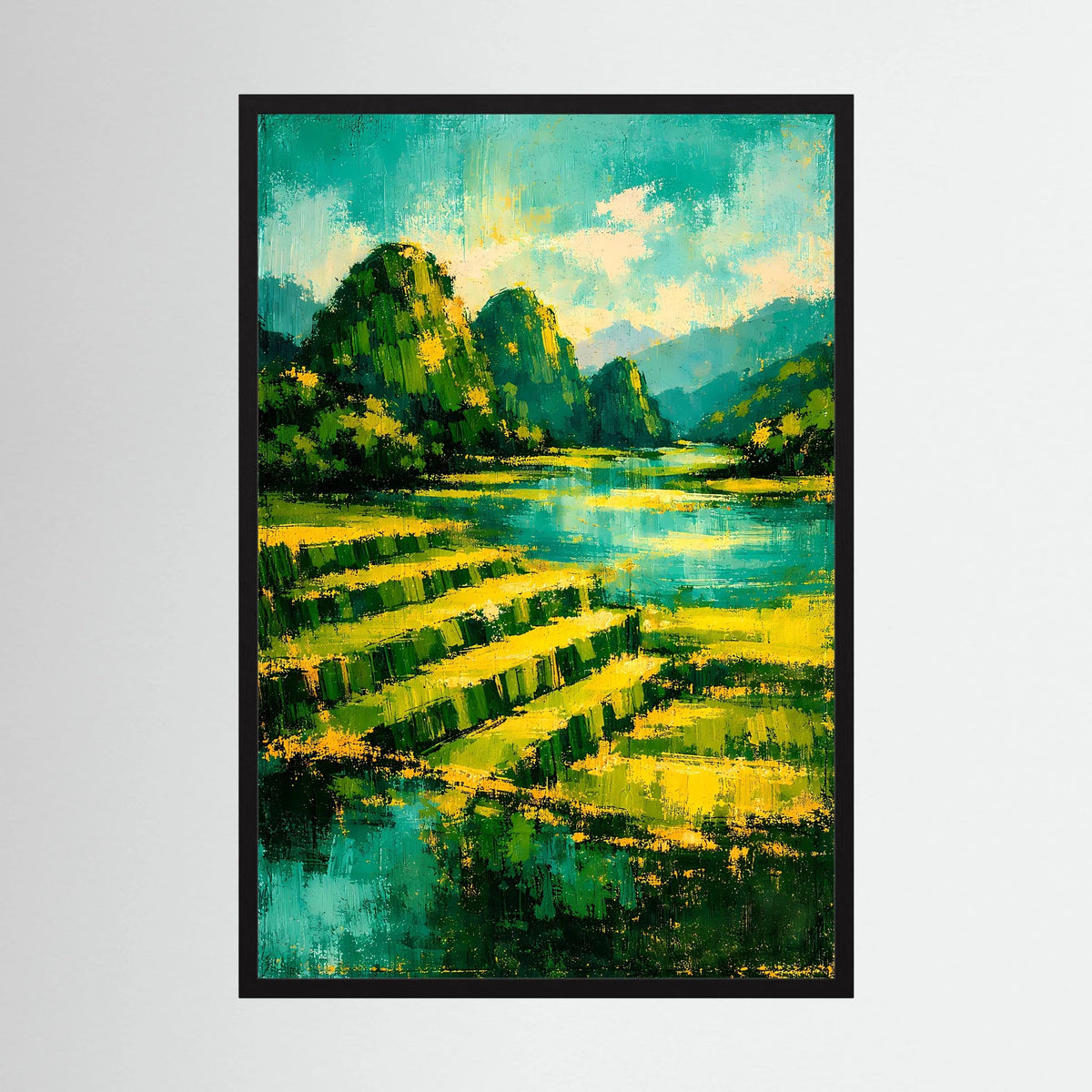 Hochformat-Poster mit abstrakter Landschaft: Fluss, Berge und Felder in Grün und Gold, schwarzer Rahmen.
