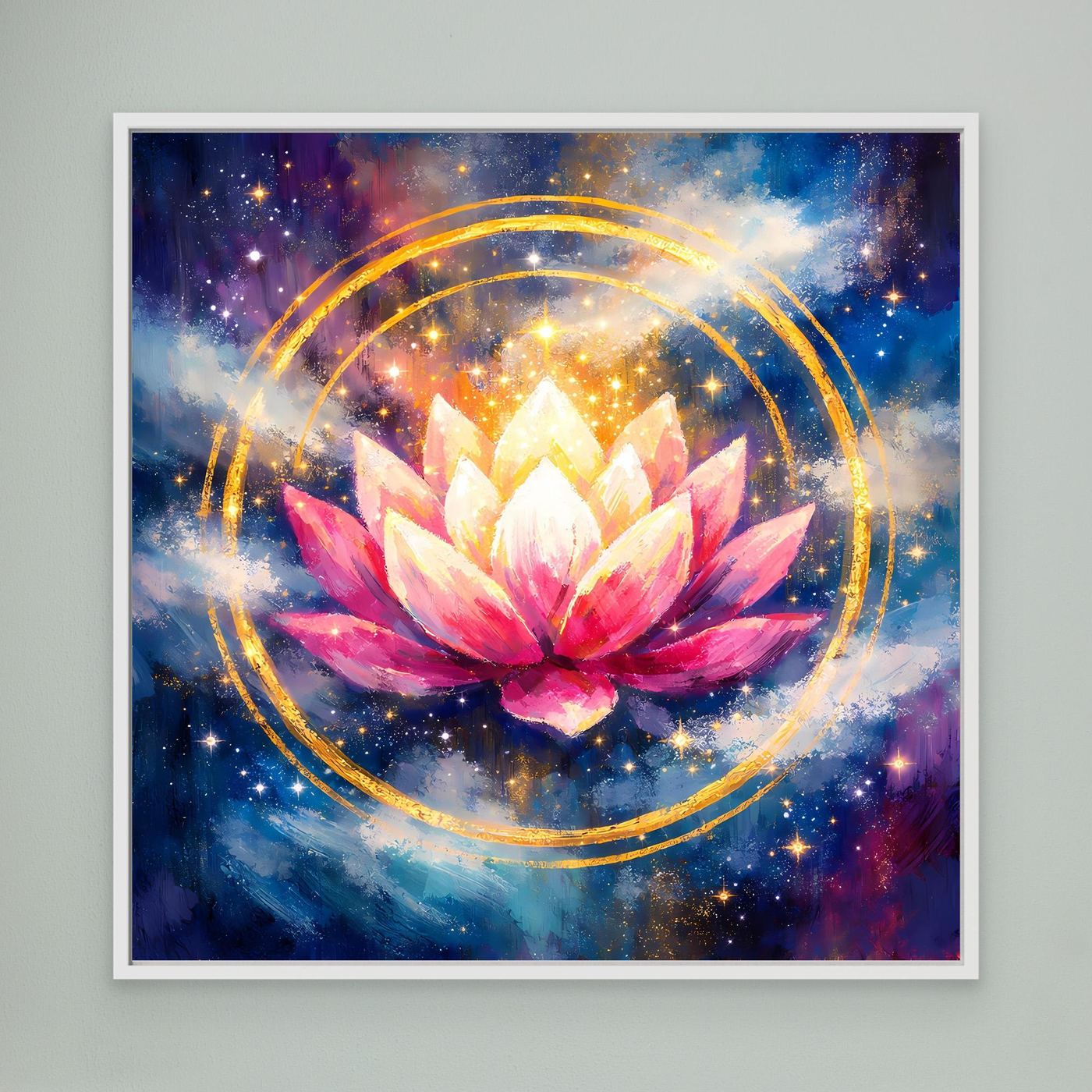 Leinwand-Wandbild Lotusblüte im Kosmos mit goldenen Kreisen, weißer Rahmen