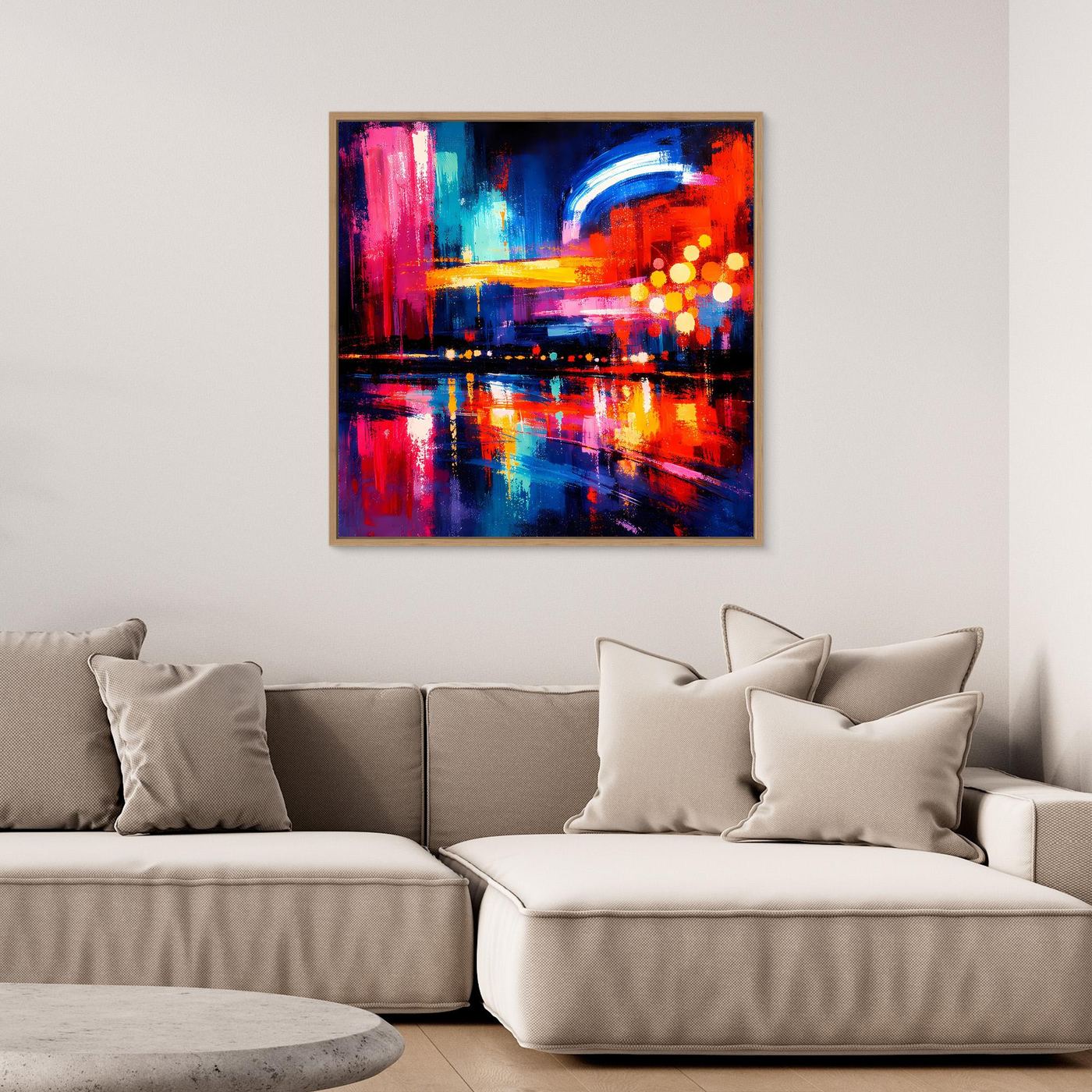 Gerahmtes Leinwandbild: abstrakte City-Skyline bei Nacht mit blauem Bogen und Lichtern