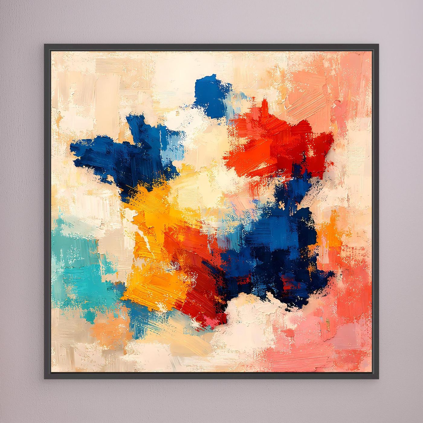 Abstract canvas wall art with blue, red, orange, yellow, and white paint in black frame