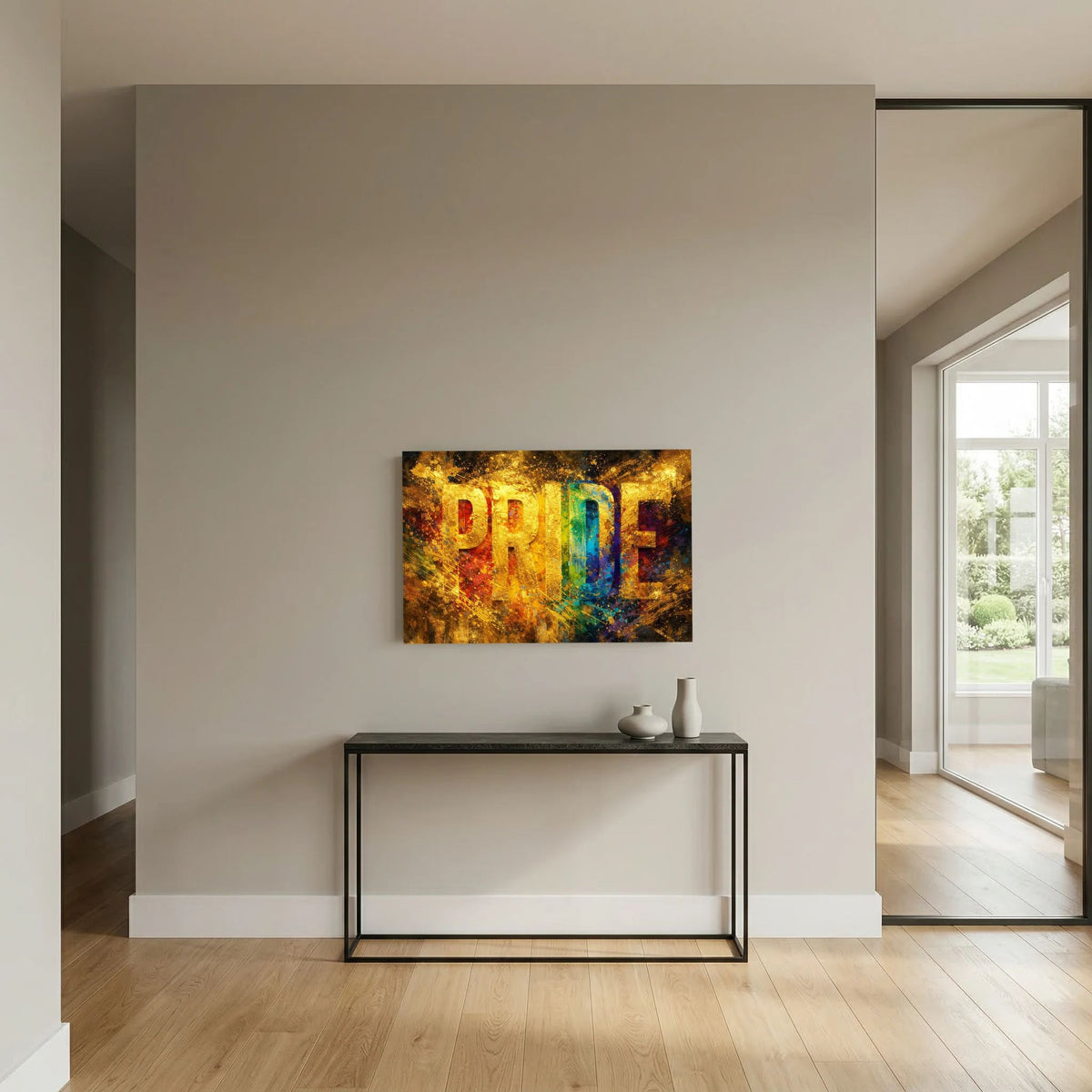 Wandbild im Querformat mit goldfarbenem PRIDE-Schriftzug in buntem Farbmix