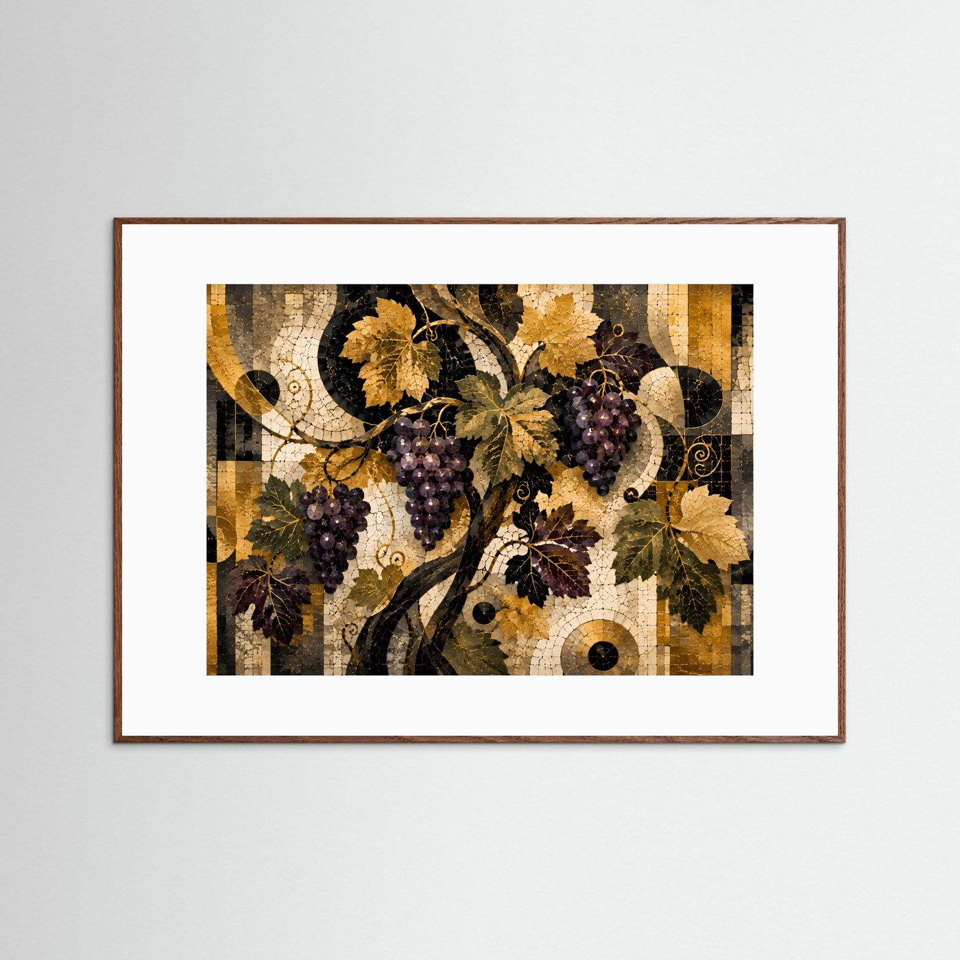 Querformat-Poster mit Weinreben-Motiv: dunkle Ranken, goldene Akzente und violette Trauben.
