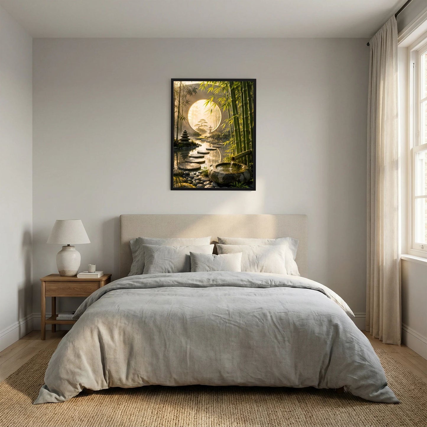 Zen-Garten-Poster mit Bambus, rundem Mondtor und Trittsteinen im Wasser, schwarzer Rahmen