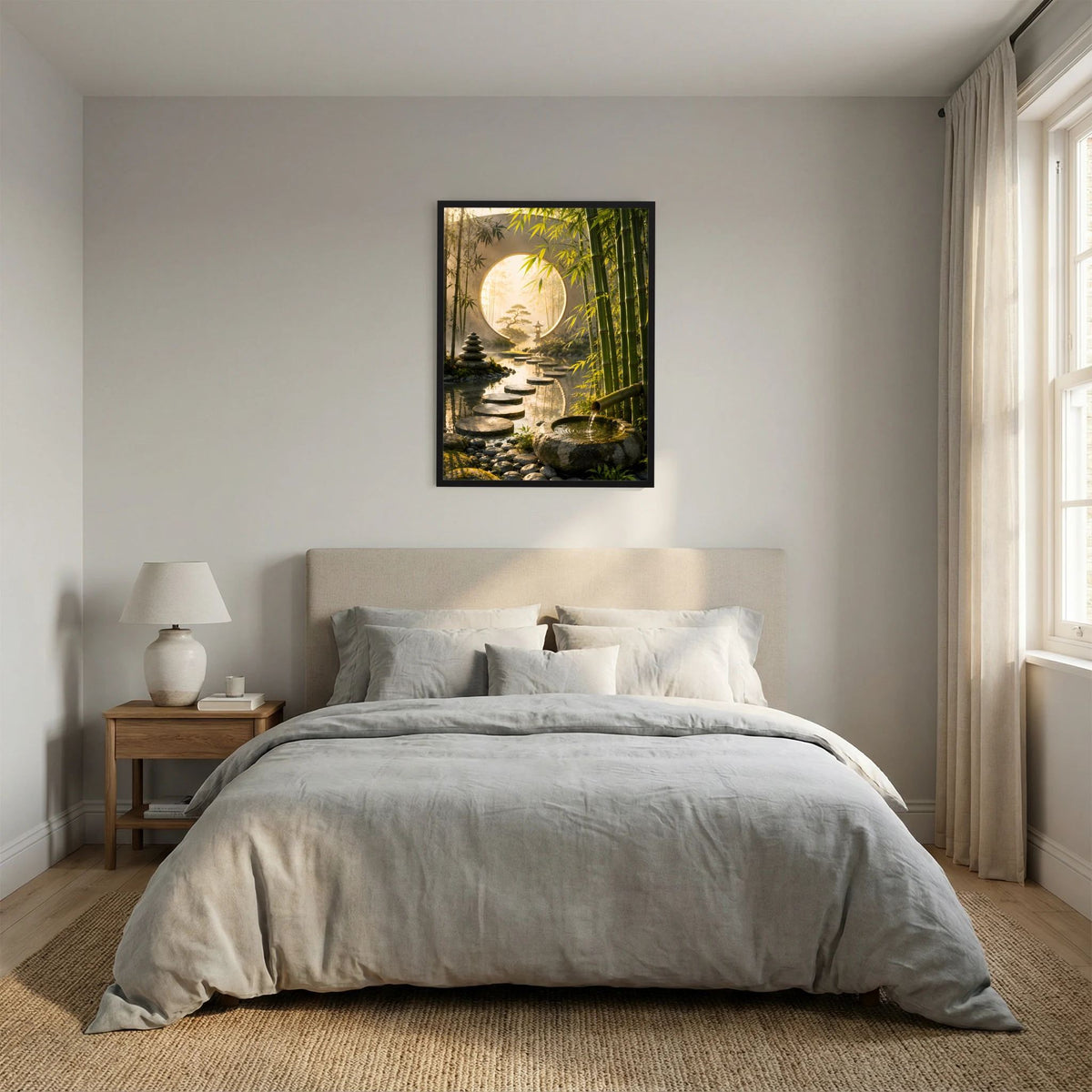 Zen-Garten-Poster mit Bambus, rundem Mondtor und Trittsteinen im Wasser, schwarzer Rahmen